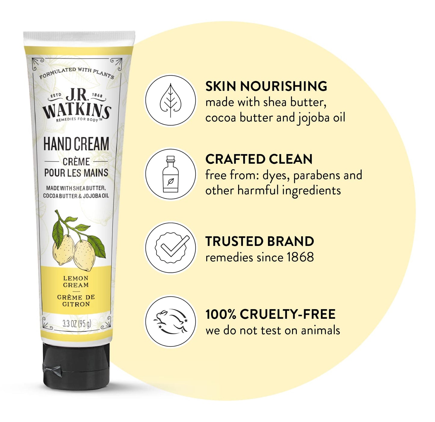 J.R. Watkins Natural Moisturizing Hand Cream, Hydrating Hand Moisturizer with Shea Butter, Cocoa Butter, and Avocado Oil, USA Made and Cruelty Free