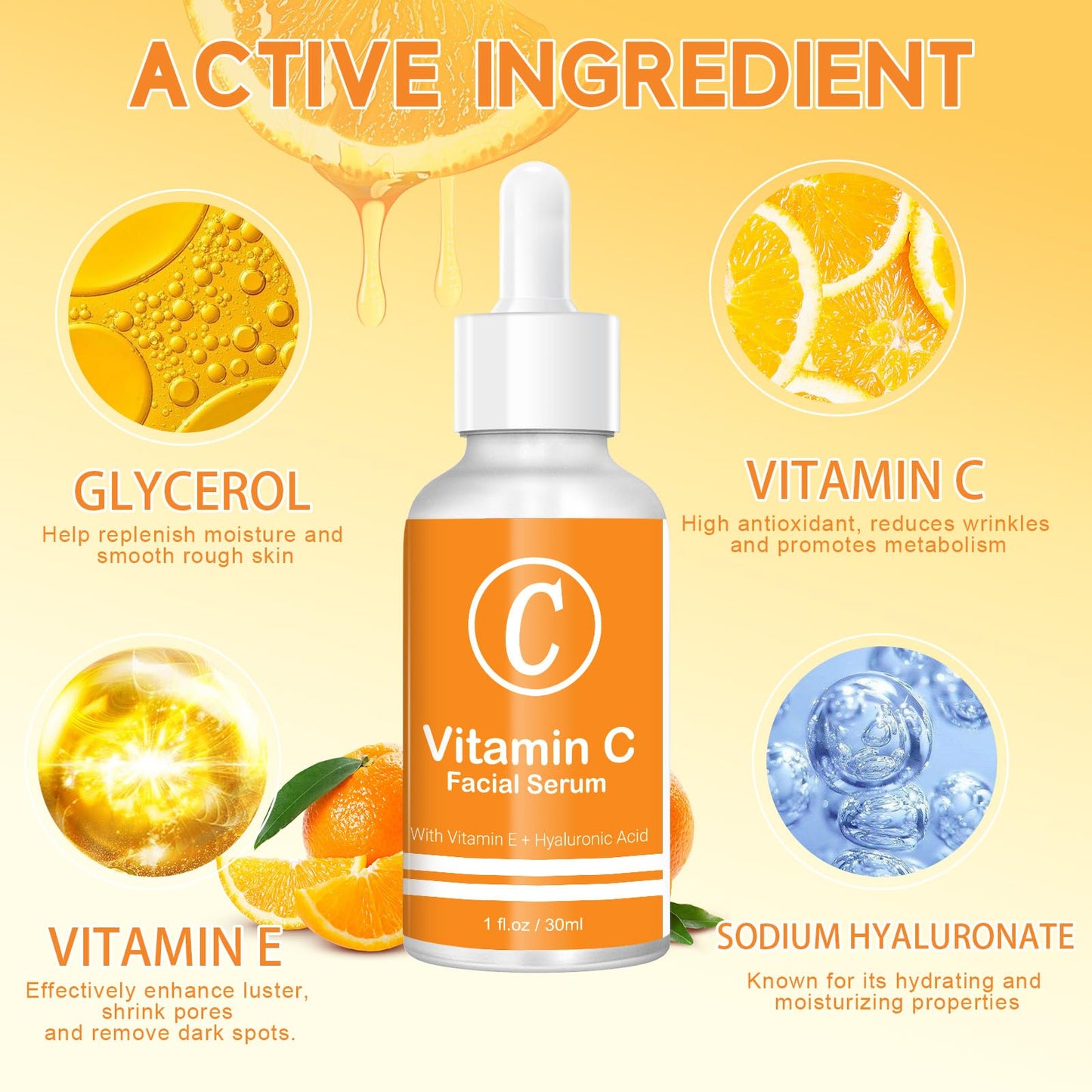 Vitamin C Serum for Face, 20% Vitamin C Brightening Serum with Hyaluronic Acid & Vitamin E, Anti-Aging, Brightening, Improve Dark Spot, Fine Lines