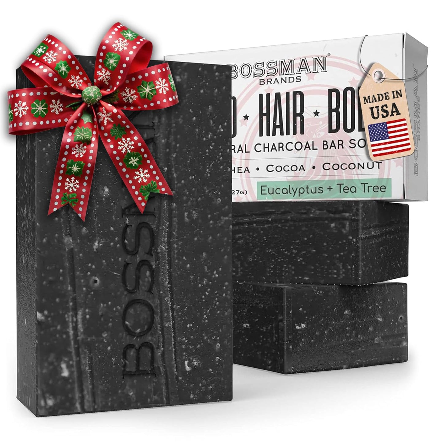 Bossman 3-Pack 4-in-1 Charcoal Soap Bar (4 oz) - Bar Soap for Men - All-Natural Beard Wash, Shampoo, Body Wash & Shaving Solution - Eucalyptus & Tea