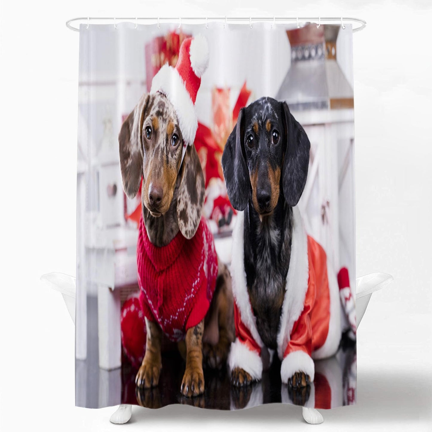 Shrahala Christmas Dog Cat Decorative Shower Curtain, Cute Dachshund Doxie Dog Shower Curtain for Shower Stall Bathtubs Bathroom Decor Waterproof…