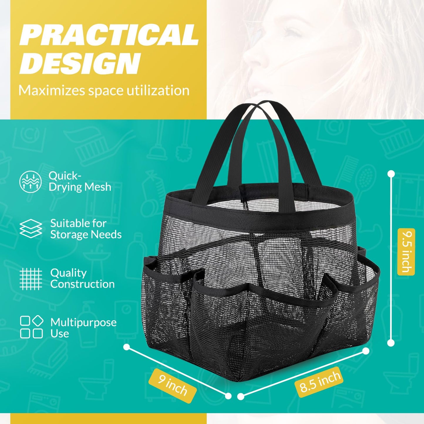 LOYEE Mesh Shower Caddy Portable for College Dorm Room Essentials with 8 Pockets, Shower Bag for Beach, Swimming, Gym, Travel, Bathroom(Black)