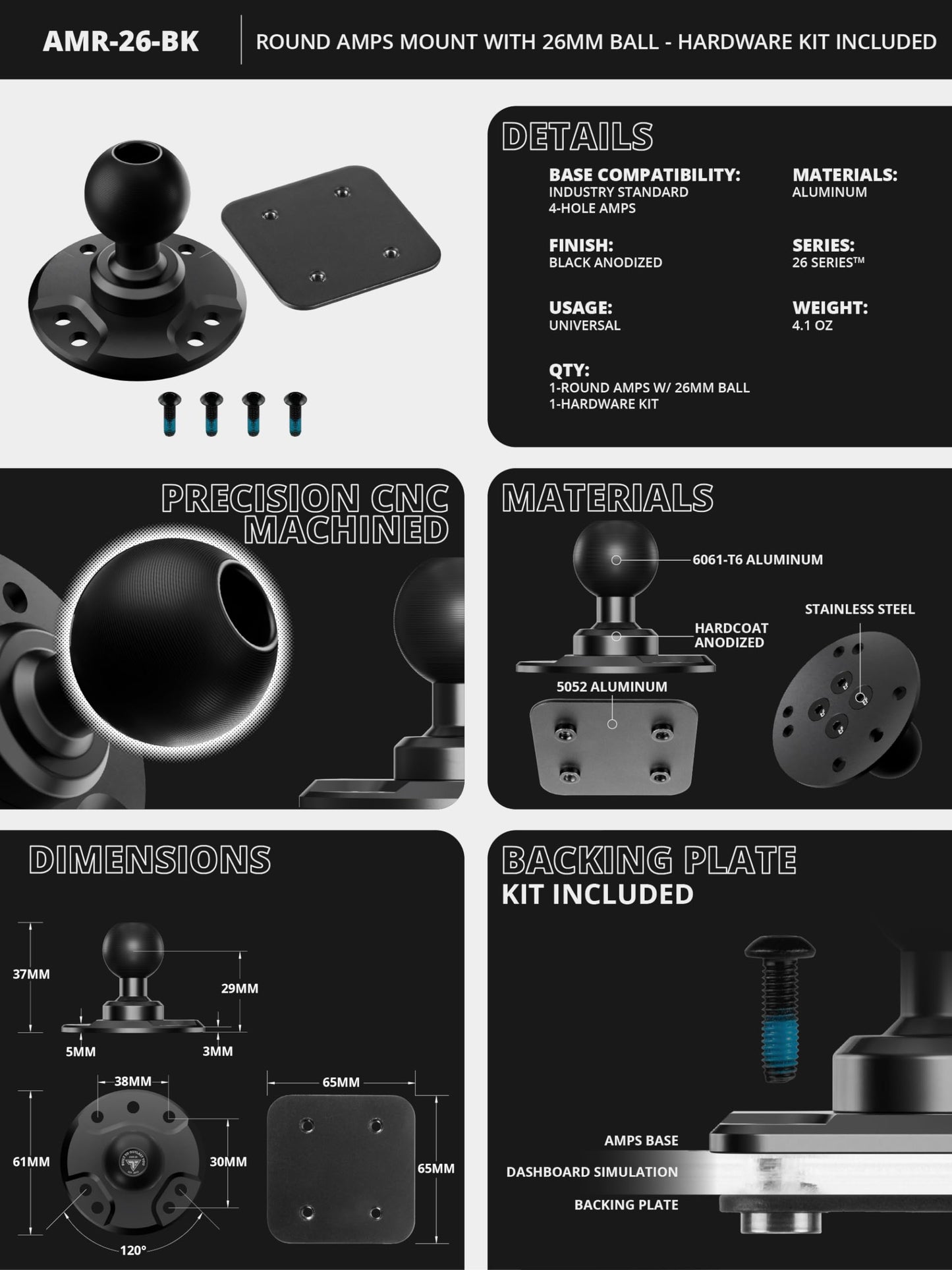 Tackform Round AMPS Mount - 25.4mm/1”/B-Sized System Compatible | CNC 6061-T6 Aluminum Ball | 7-Hole Drill Base | Mount Direct to Dash, AMPS, or Grid…