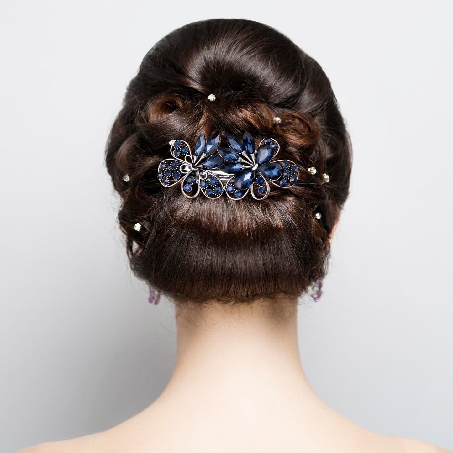 CustomyLife 2pcs 3.35inch Vintage Crystal Hair Barrettes, Sapphire Blue Bun Updo Hair Clips, Sparkly Rhinestone French Wedding Prom Formal Hair