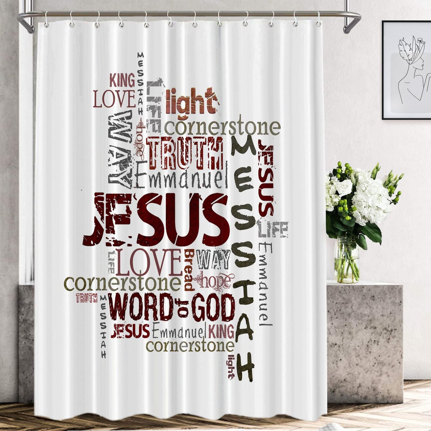 Shrahala Words White Decorative Church Love Shower Curtain, 72x72 Inch Waterproof with Grommets