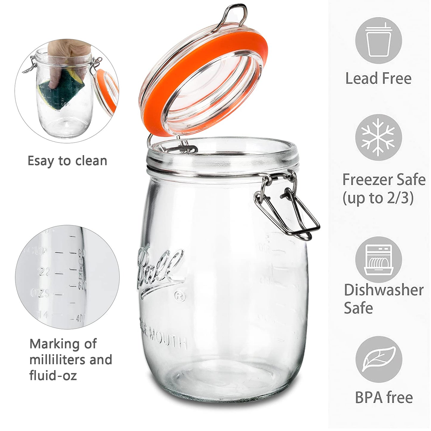 Anwoi Wide Mouth Glass Jars with Airtight Lid 32OZ 4 Pack, Kitchen Storage Large Clear Canister Jars with Hinged Lid with Measurement Marks…