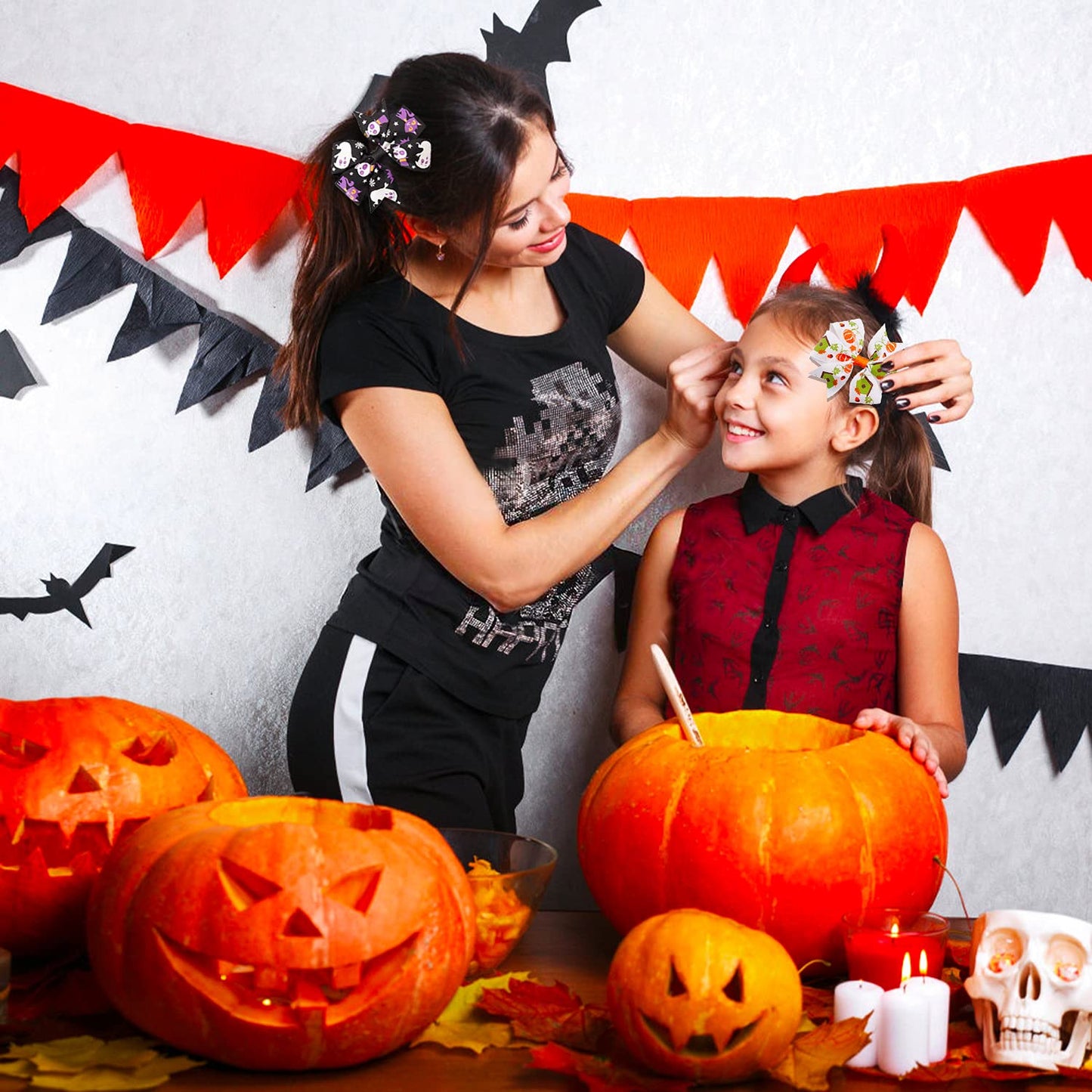 Rocutus 12pcs/set Halloween's Day Bow Knot Hair Pins Boutique clips Grosgrain Ribbon Halloween Hair Bows (Halloween 1)