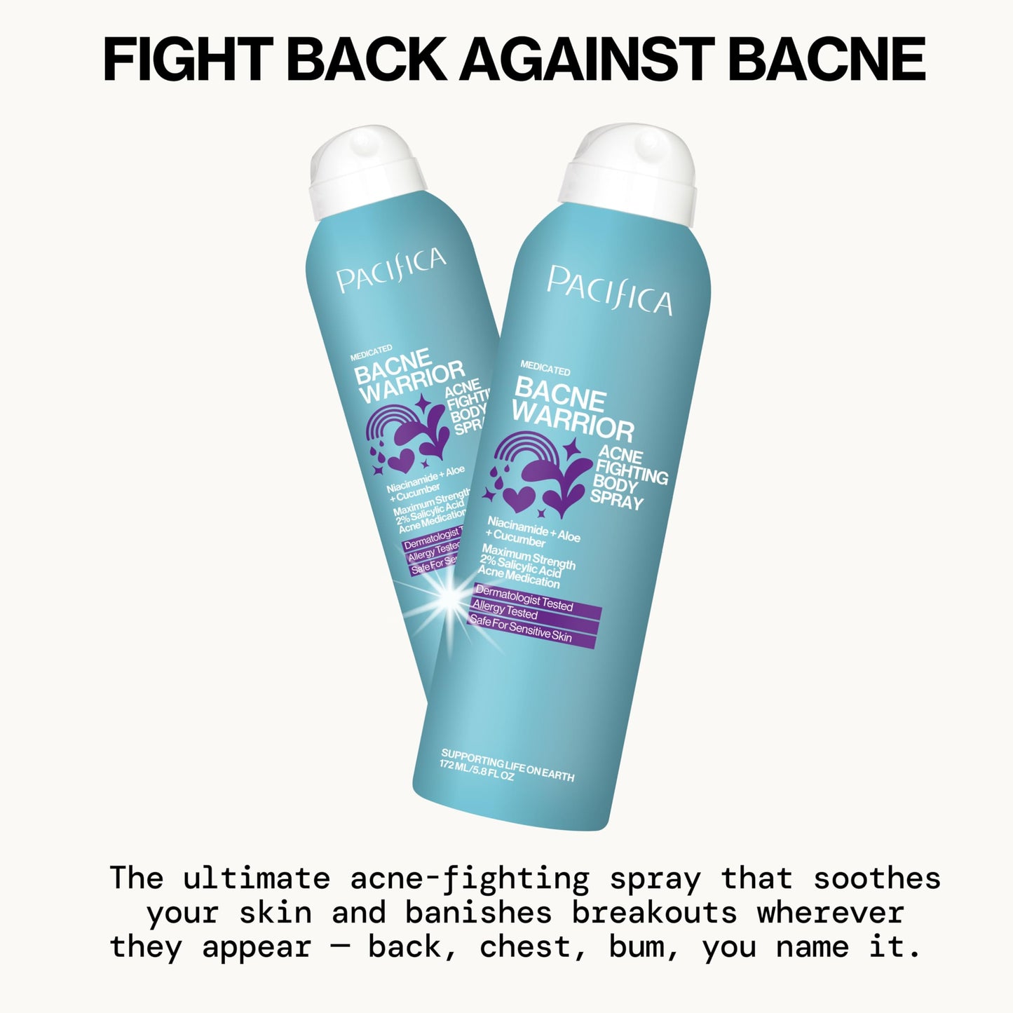 Pacifica Bacne Warrior - Bacne Salicylic Acid Spray, Back Acne Treatment Spray with 2% Salicylic Acid, Niacinamide, and Aloe, Body Acne Warrior