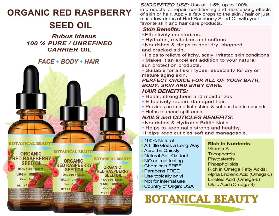 Botanical Beauty Organic RED RASPBERRY SEED OIL 100% Pure Natural Undiluted Virgin Unrefined Cold Pressed Carrier Oil for Face, Skin, Hair, Lip, Nails
