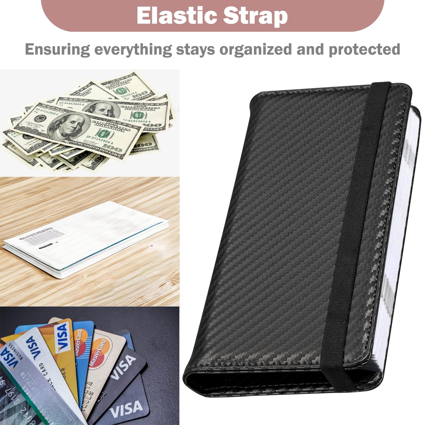 checkbook cover with elastic band - premium leather clear pvc divider durable, compact, and multi-functional holder wallet case for man woman, carbon…