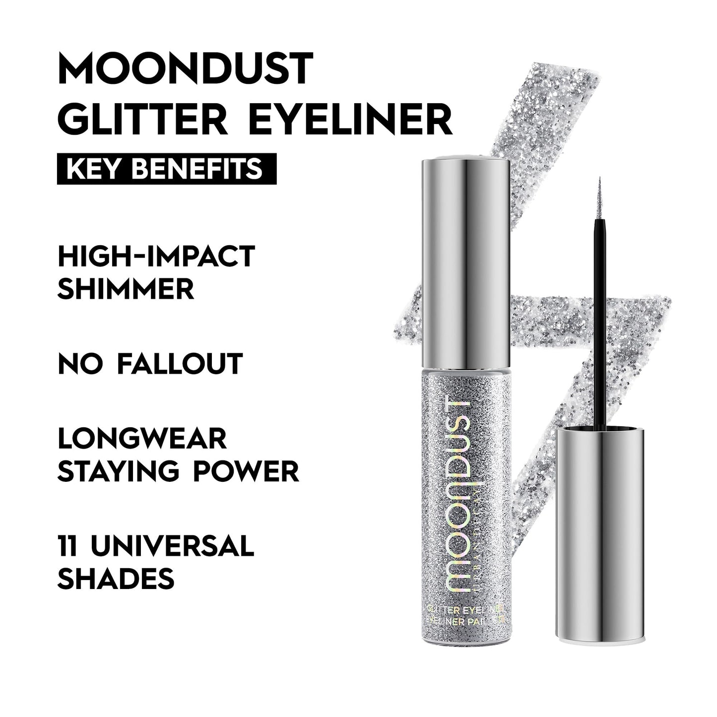 URBAN DECAY Moondust Liquid Glitter Eyeliner (Glamrock - Silver Glitter), Sparkly Eye Liner, Glitter Eyeshadow Topper, Universal Shimmering Shades, No