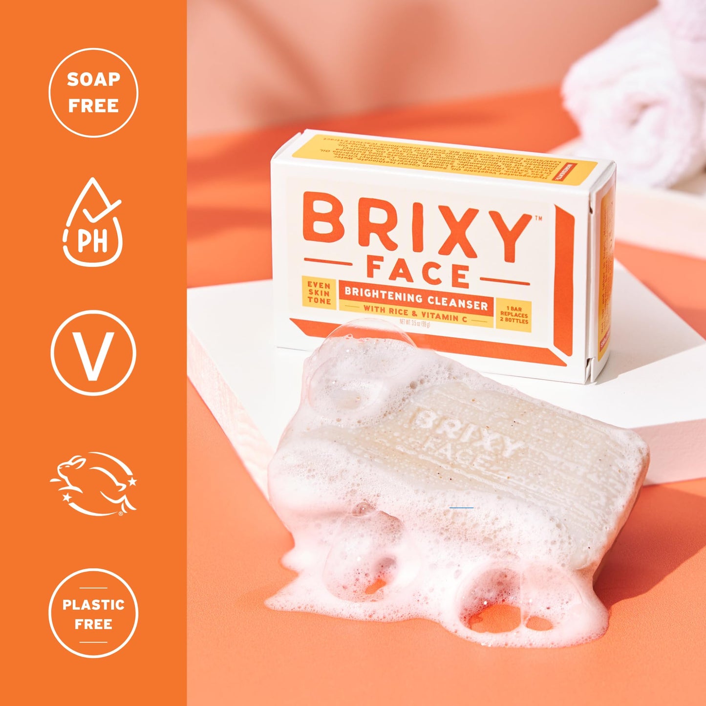 BRIXY Exfoliating Facial Cleansing Bar Even Skin Tone - Rice Powder And Vitamin C, Ceramide & Niacinamide Support A Healthy Skin Barrier, Soap Free