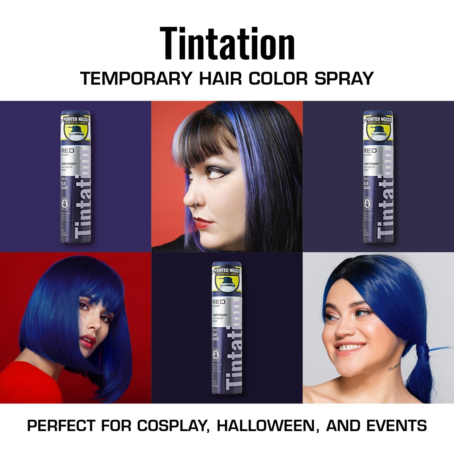 Red by Kiss Tintation Temporary Hair Color Spray 2.82oz, Quick-Dry & Smudge-Proof, Vivid Color Washable Hair Dye, Styling Spray Cosplay Halloween