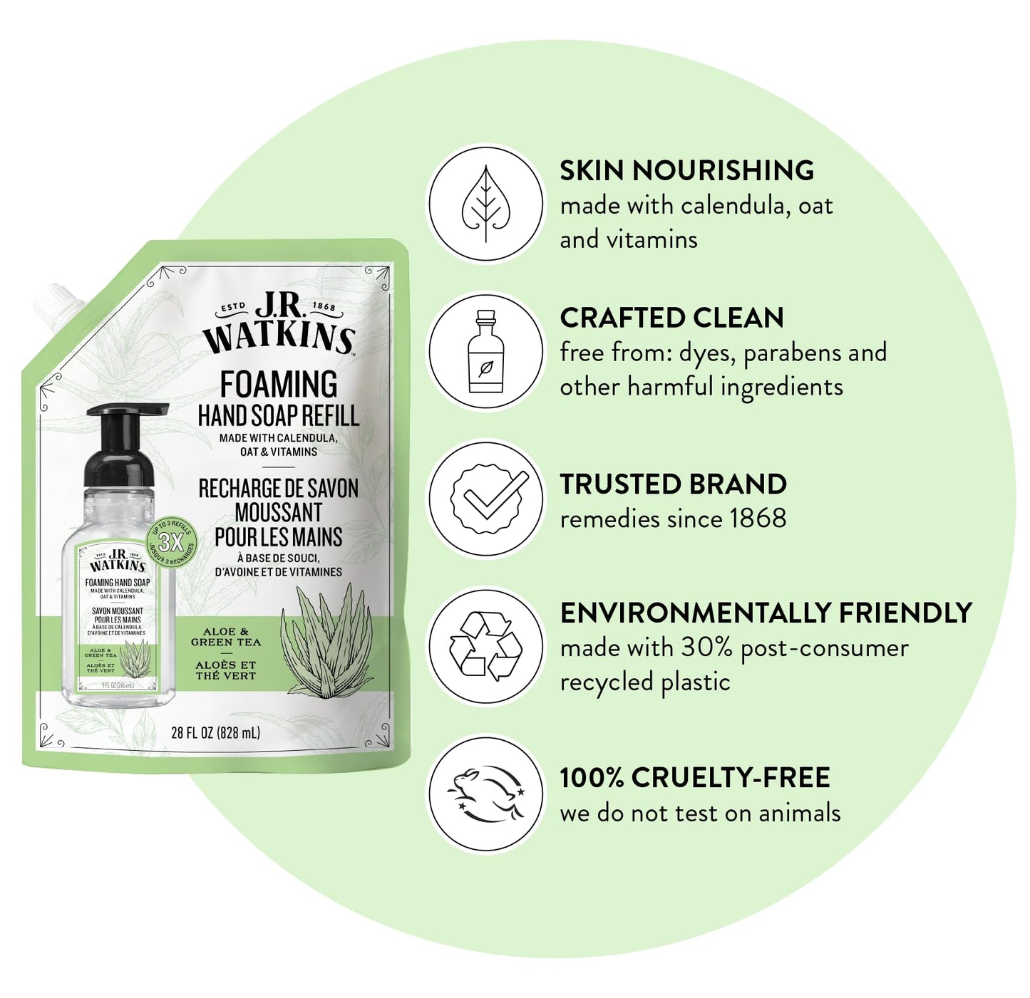 J.R. Watkins Foaming Hand Soap Refill, Moisturizing Foam Hand Wash, Formulated with Plant-Based Cleansers, Alcohol-Free, Cruelty-Free, Aloe & Green Beauty and Personal Care J.R. Watkins