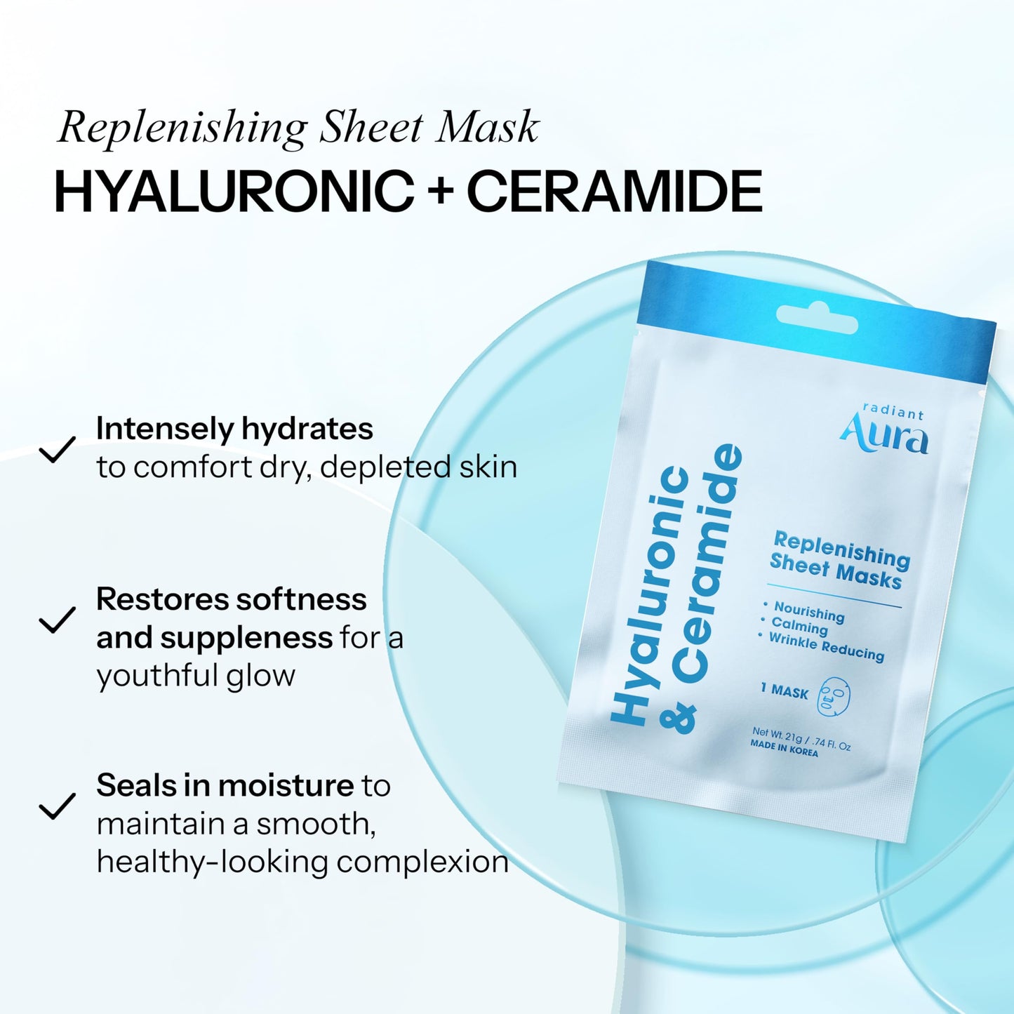 Radiant Aura Ceramide & Hyaluronic Acid Sheet Mask - Dermatologist Tested, Anti Aging, Korean Skin Care - Hydrates, Plumps Fine Lines, Supports Skin