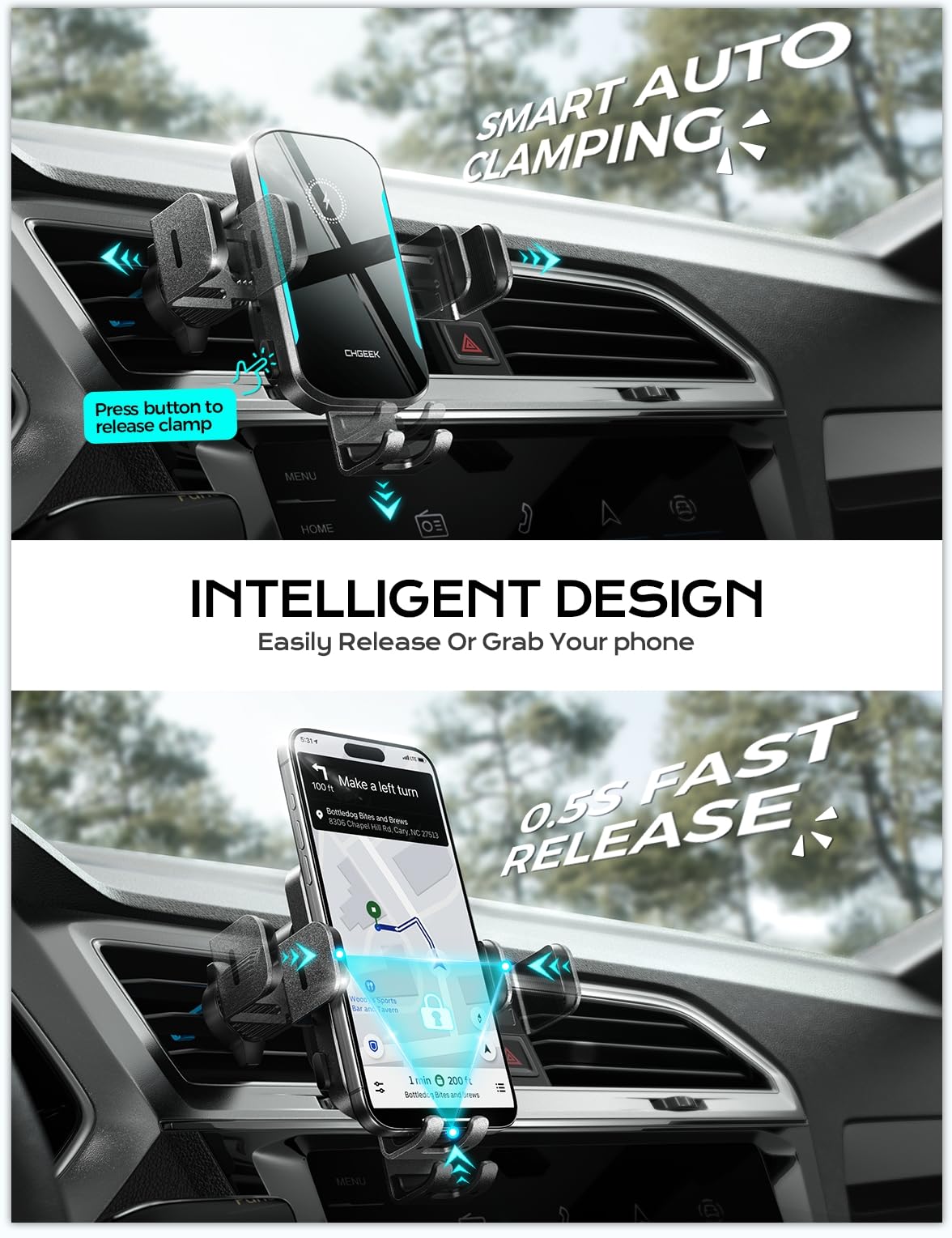 CHGeek Wireless Car Charger, 15W Fast Charging Car Phone Holder Charger Auto-Clamping Air Vent Car Phone Mount with Blue LED Backlit for iPhone 17 16…