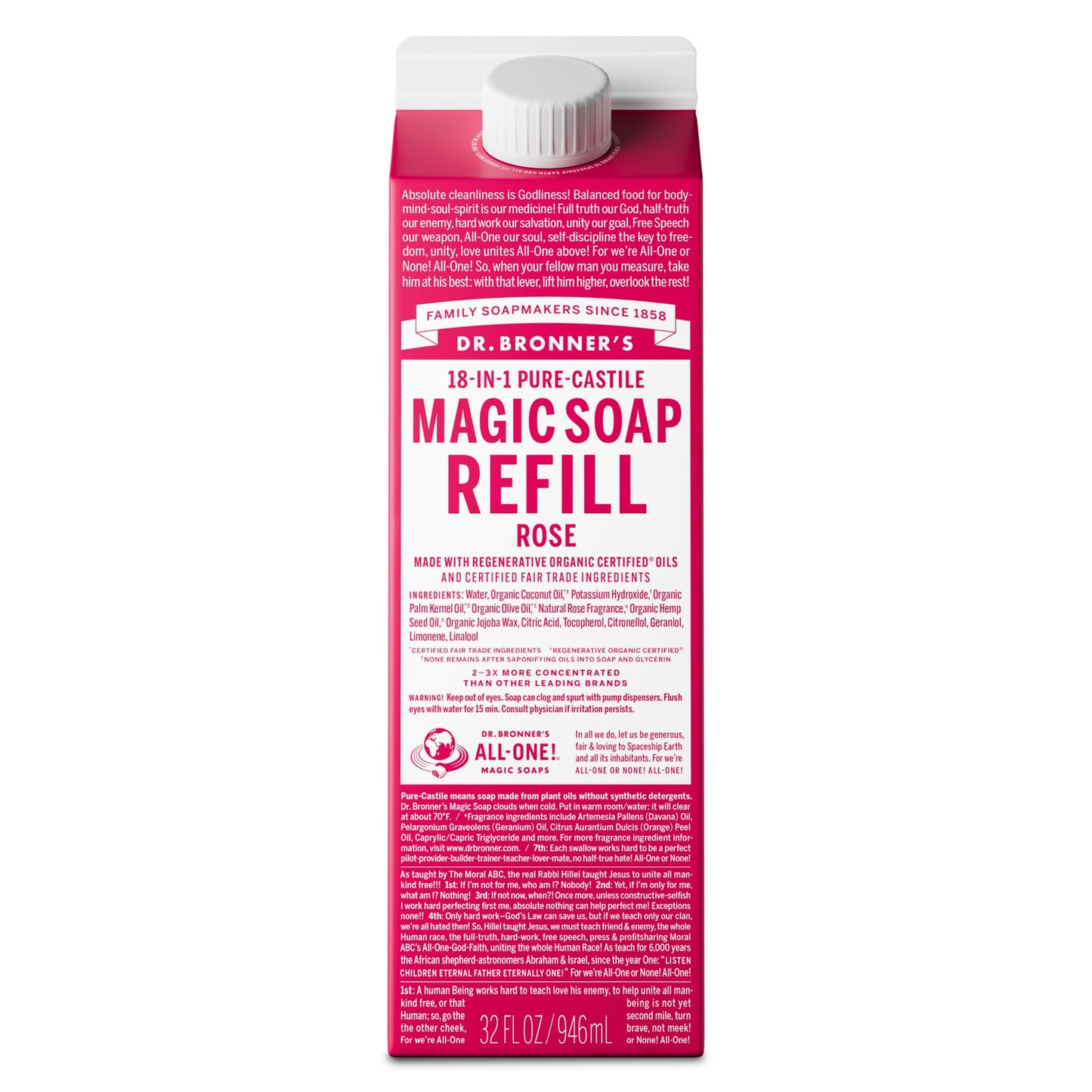 Dr. Bronner's Magic Soap-Pure-Castile Liquid Soap Refill (Rose 32 ounce, 1-Pack)-Regenerative Organic Certified Oils, For Body, Hair, Laundry, Pets