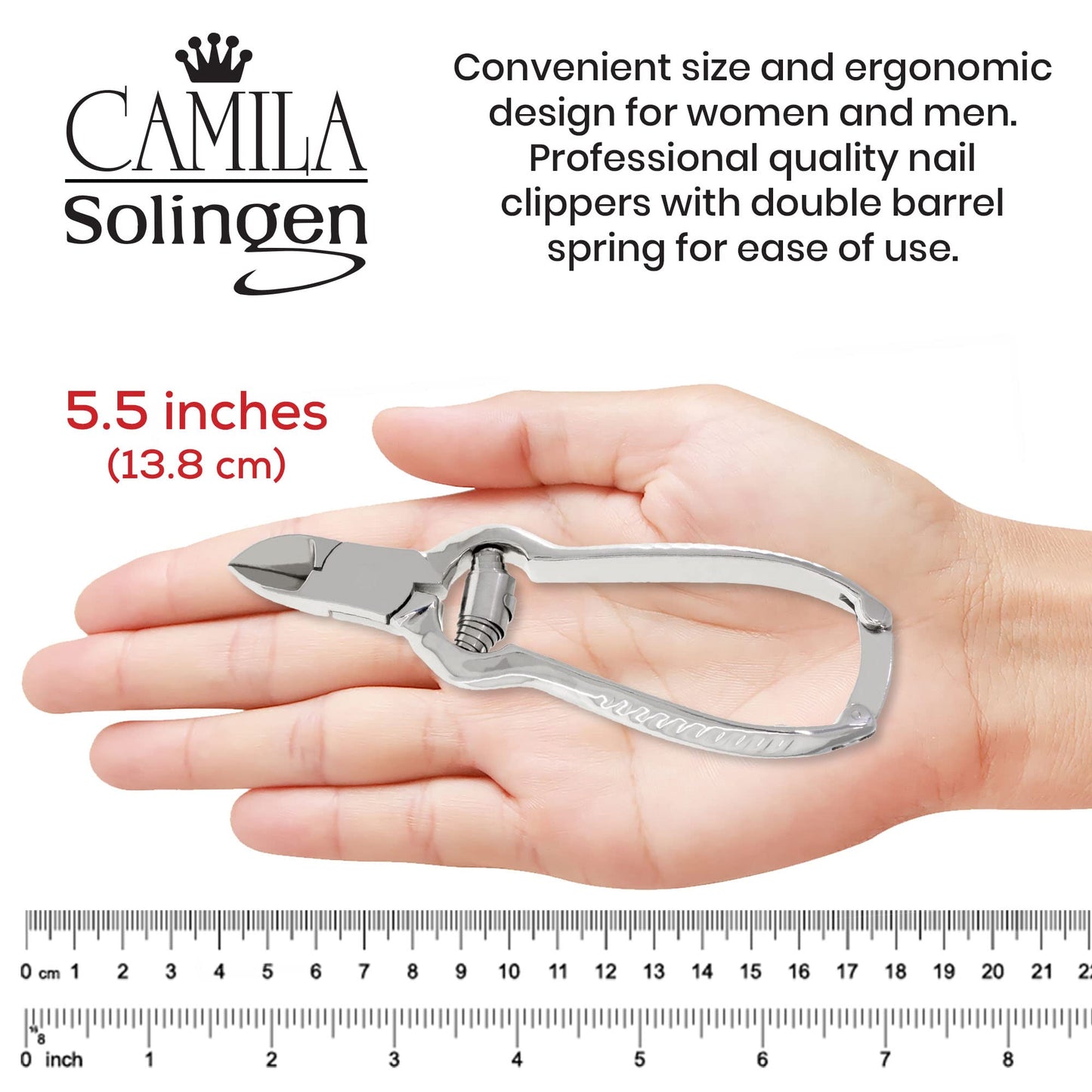 Camila Solingen CS13 Large Heavy Duty Toe Nail Clipper for Thick Toenails, Manicure & Pedicure, Double Barrel Spring. Super Sharp Trimmer Curved