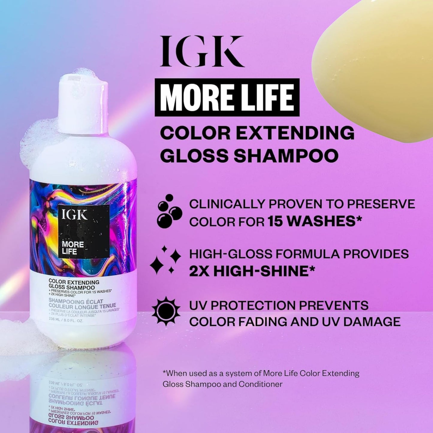 IGK MORE LIFE Color Extending Gloss Shampoo & Conditioner Set | Preserves Color + Enhances Shine | UV Protection | Vegan + Cruelty-Free | 8 oz (Pack