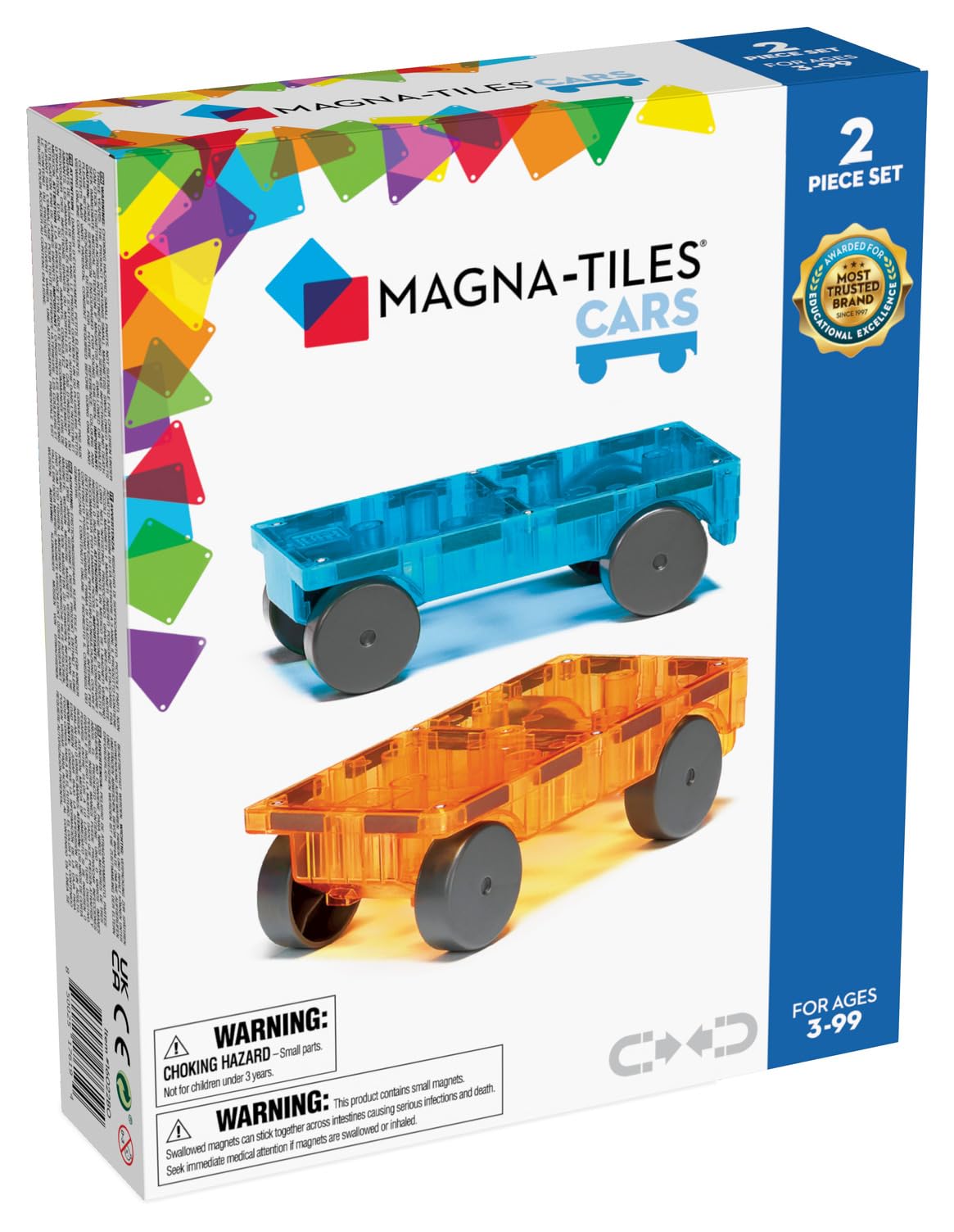 MAGNA-TILES Cars – Blue & Orange 2-Piece Magnetic Construction Set, The Original Magnetic Building Brand