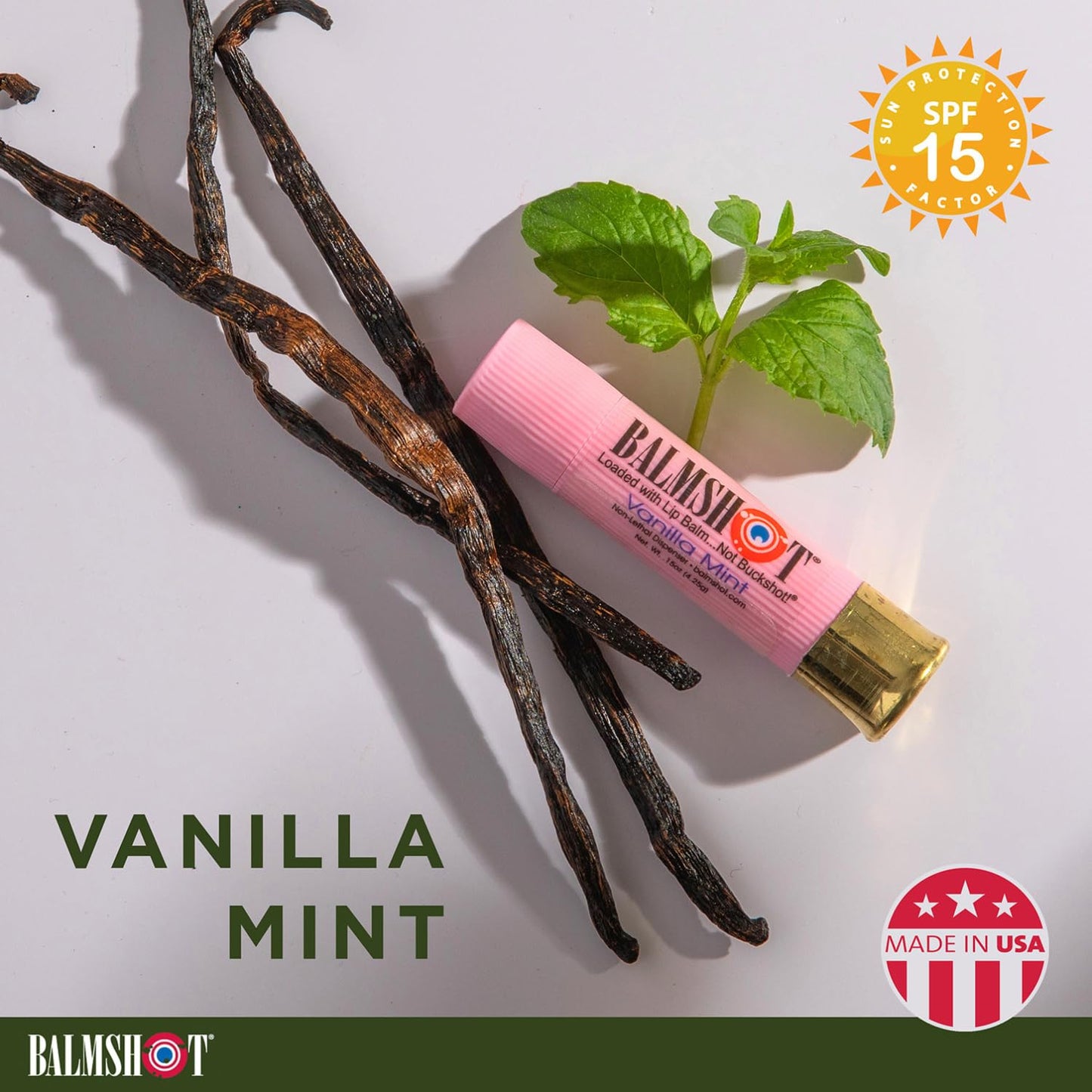 BALMSHOT Lip Balm (2-Pack) of Classic & Pure Pink Vanilla Mint - SPF 15, Beeswax Chapstick for Dry Chapped Lips, 20-Gauge Brass Shotgun Shell Tube