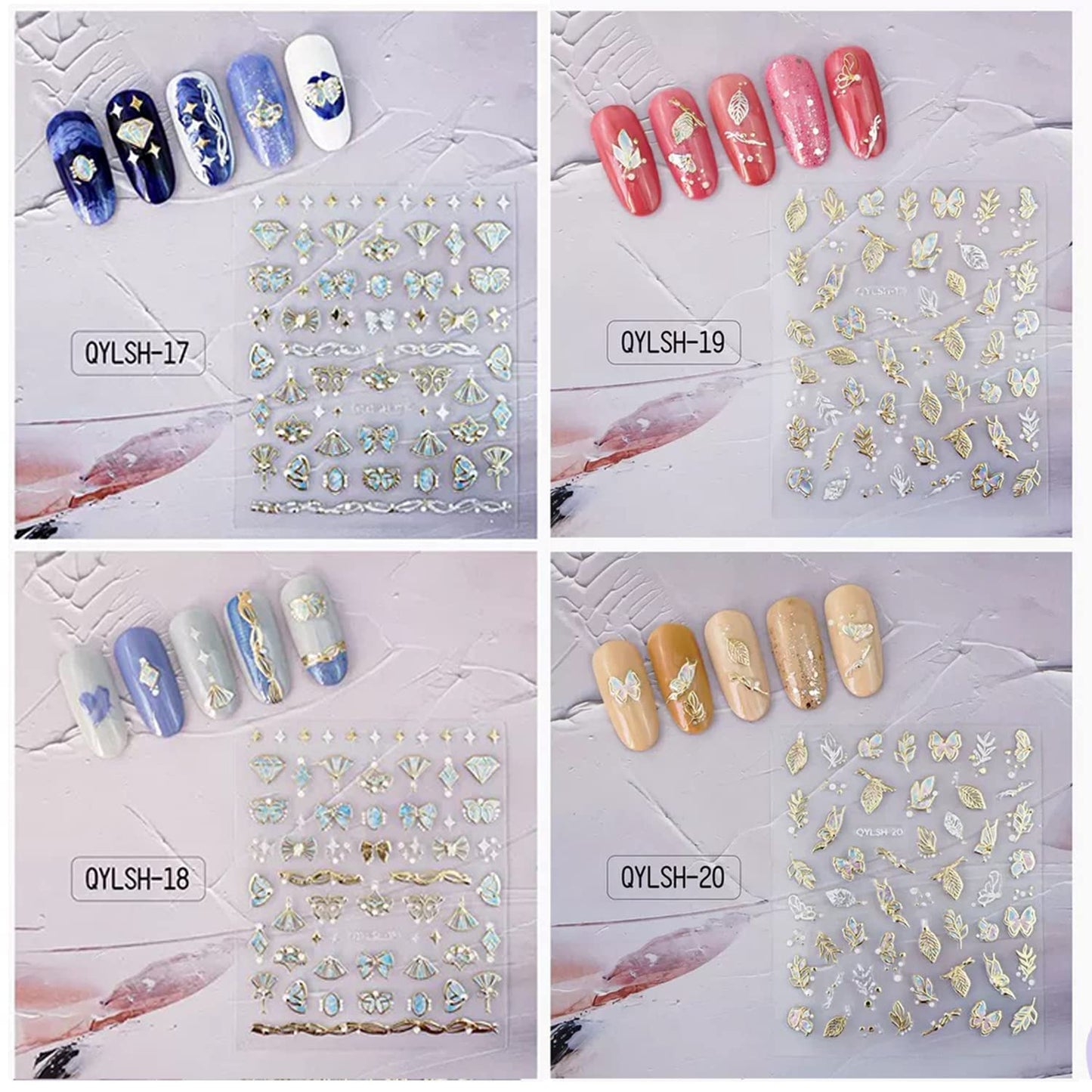 Zoance 20 Sheet 5D Embossed Nail Art Stickers,Luxury Gold Silver Nail Decals Self-Adhesive Metallic Leaves Flower Butterfly French Nail Stripe Line