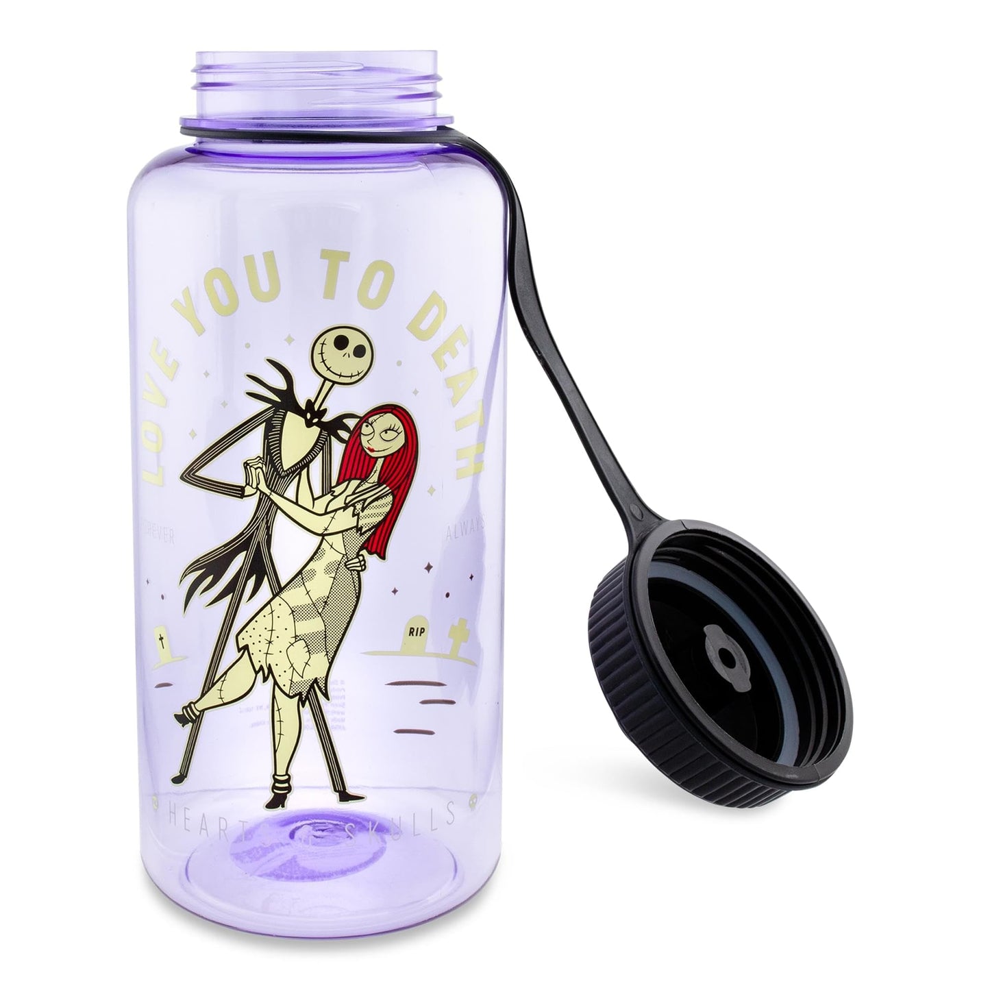 Disney The Nightmare Before Christmas Love You To Death Plastic Water Bottle With Spill-Resistant Sports Cap Lid | Holds 34 Ounces