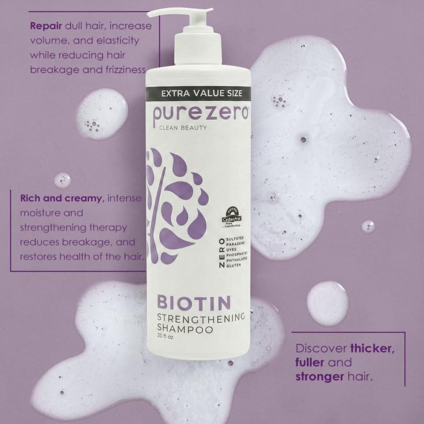 Purezero Biotin Shampoo & Conditioner Set - Anti Thinning Formula - Volumizing, Thicker, Fuller Hair - Zero Sulfates, Parabens, Dyes, Gluten - 100%