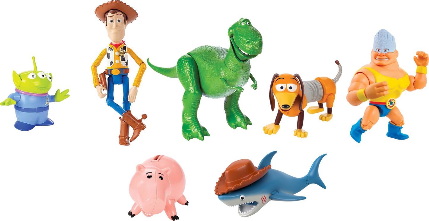 Mattel Disney and Pixar Toy Story Set of 7 Action Figures with Woody, Slinky, Rex, Hamm, Alien, Rocky & Shark, Disney100 Collectible