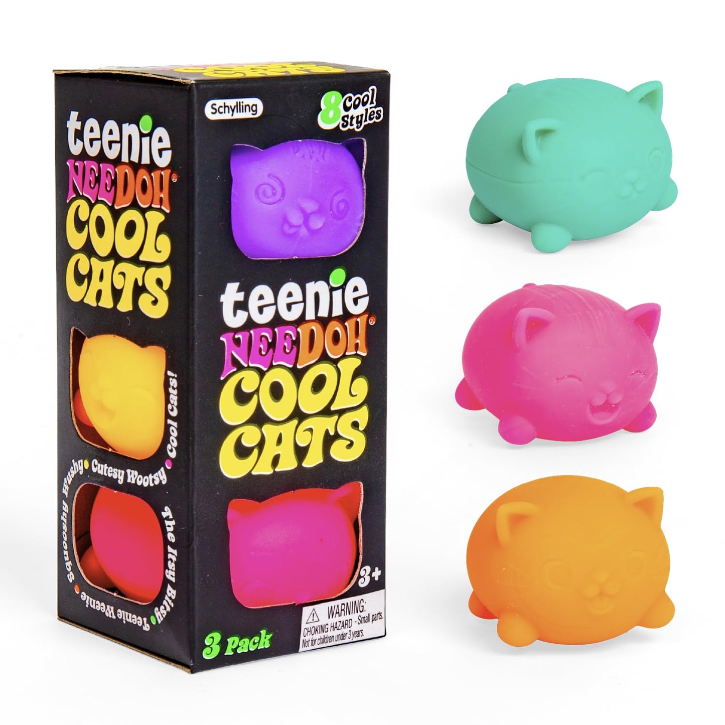 Schylling NeeDoh Teenie Cool Cat - Sensory Squeeze Toy - Contains 3 Mini Groovy Globs - 1.5" Wide - Color May Vary (Pack of 1)