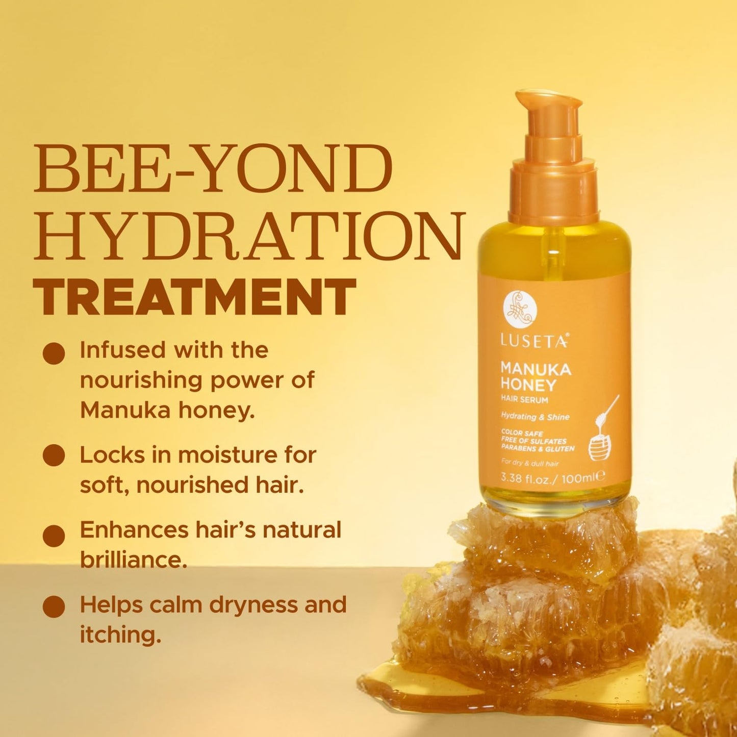 Luseta Manuka Honey Hair Oil Hydrates Dry Hair and Adds Shine & Softness to Dull Hair Nourishing Oil with Honey & Argan Oil, Frizz Control 3.38oz