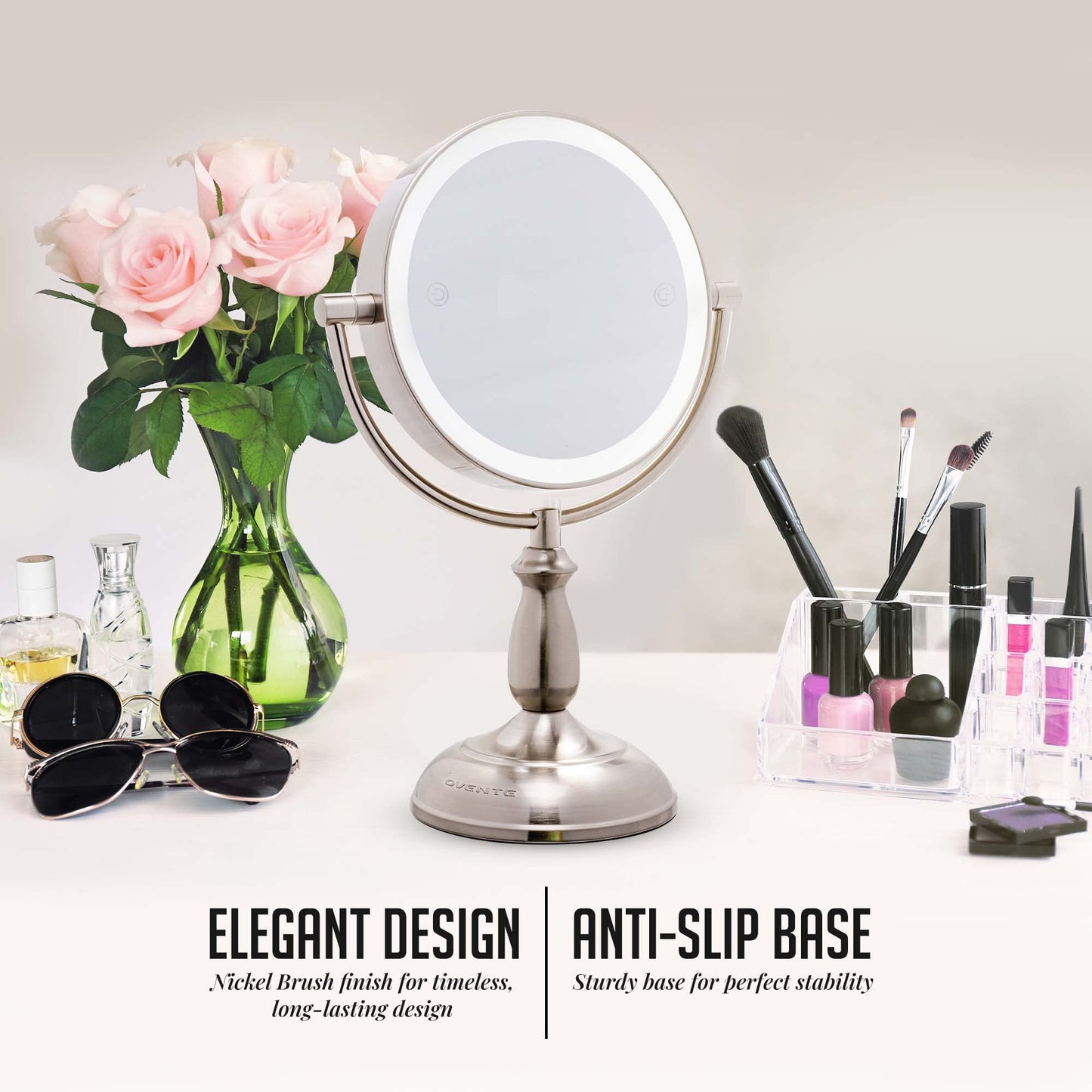 OVENTE 8" Lighted Tabletop Makeup Mirror with 1X/10X Magnification, Double Sided Vanity Mirror, 360° Swivel Design, 3-Tone Smart Touch Glow LED Lights