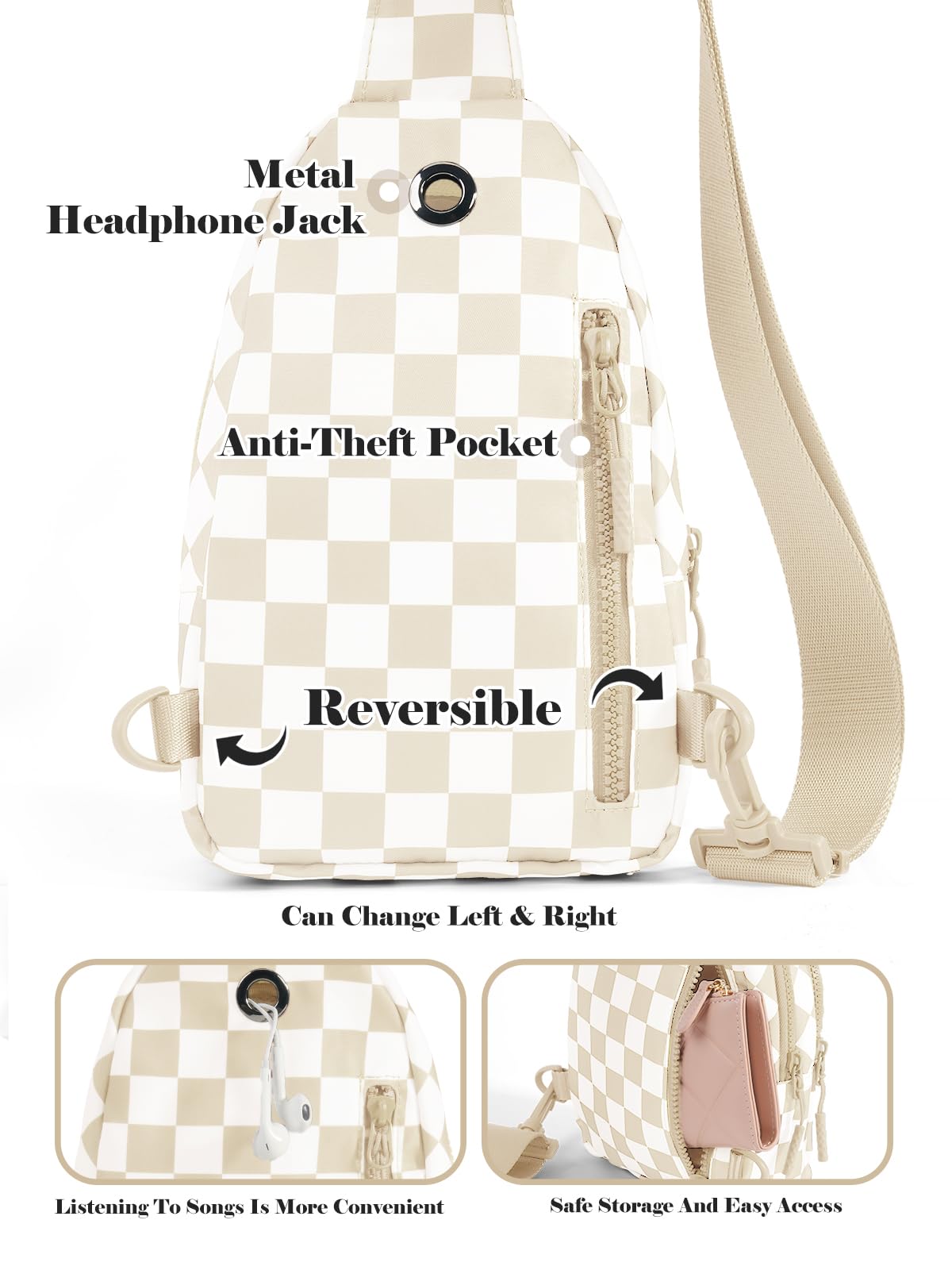 Checkered Sling Bag for Women Small Backpack Crossbody Chest Bag Fanny Packs Purses (Checkered Sling Bag - Beige)