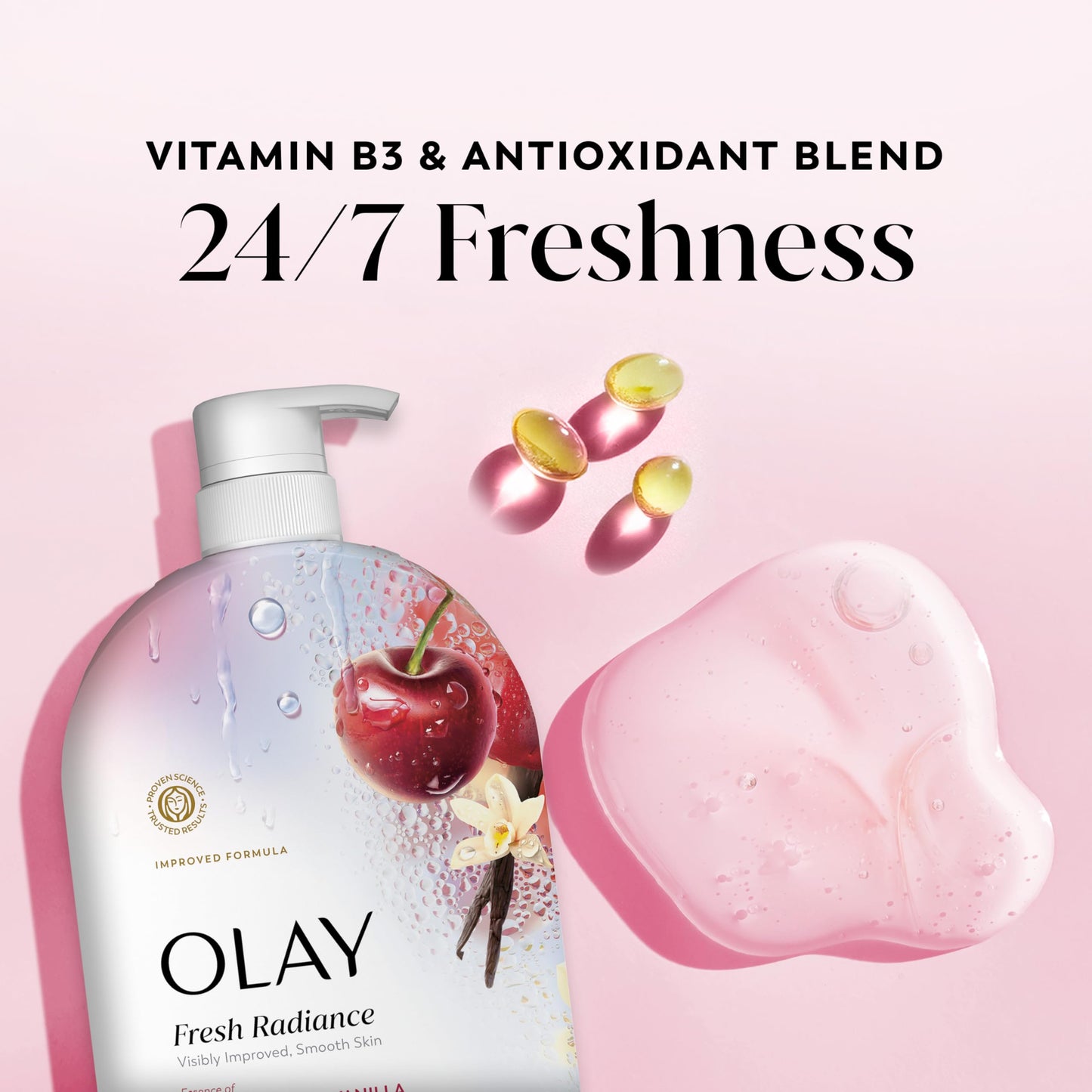 Olay Body Wash for Women, Fresh Radiance, 24/7 Skin-Loving Freshness, Visibly Radiant, Plant Based Cleansers, Vitamin B3 & Antioxidant Blend, For All
