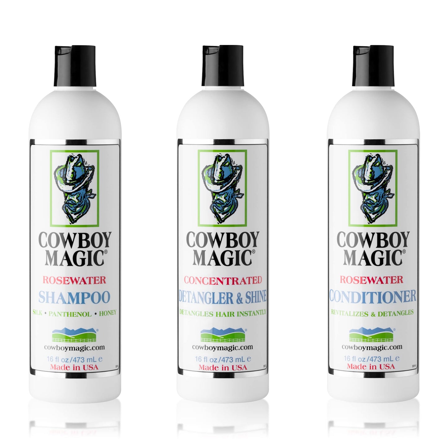 Cowboy Magic Shampoo + Conditioner + Detangler & Shine 16 Ounce each With Silk Panthenol and Honey Great For Horse, Humans, And Dogs Too Silky Coats