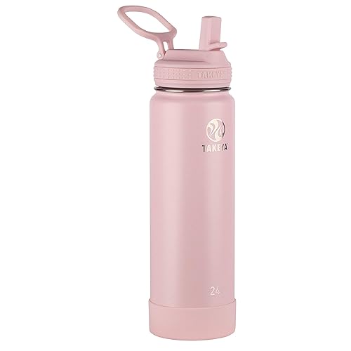 Takeya Actives 24 oz Water Bottle with Straw Lid - Double Wall Stainless Steel Insulation - Dishwasher Safe & BPA-Free - Removable Bumper - Blush