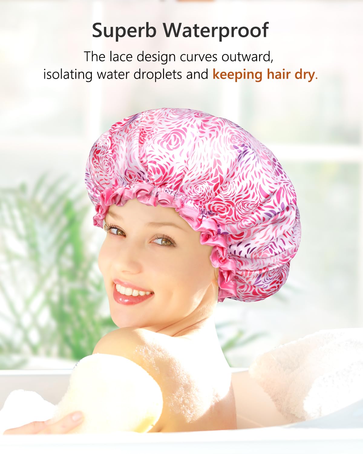 mikimini Large Shower Cap for Women Long Hair, 1 Pack,Romantic Petal Design, Double Layer Waterproof, Reusable, Washable, High-quality, Floral Print