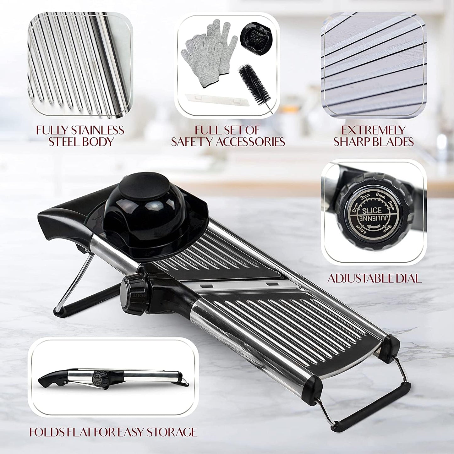Gramercy Adjustable Mandoline Slicer – Stainless Steel Vegetable & Fruit Cutter with 1 Pair Cut-Resistant Gloves for Kitchen