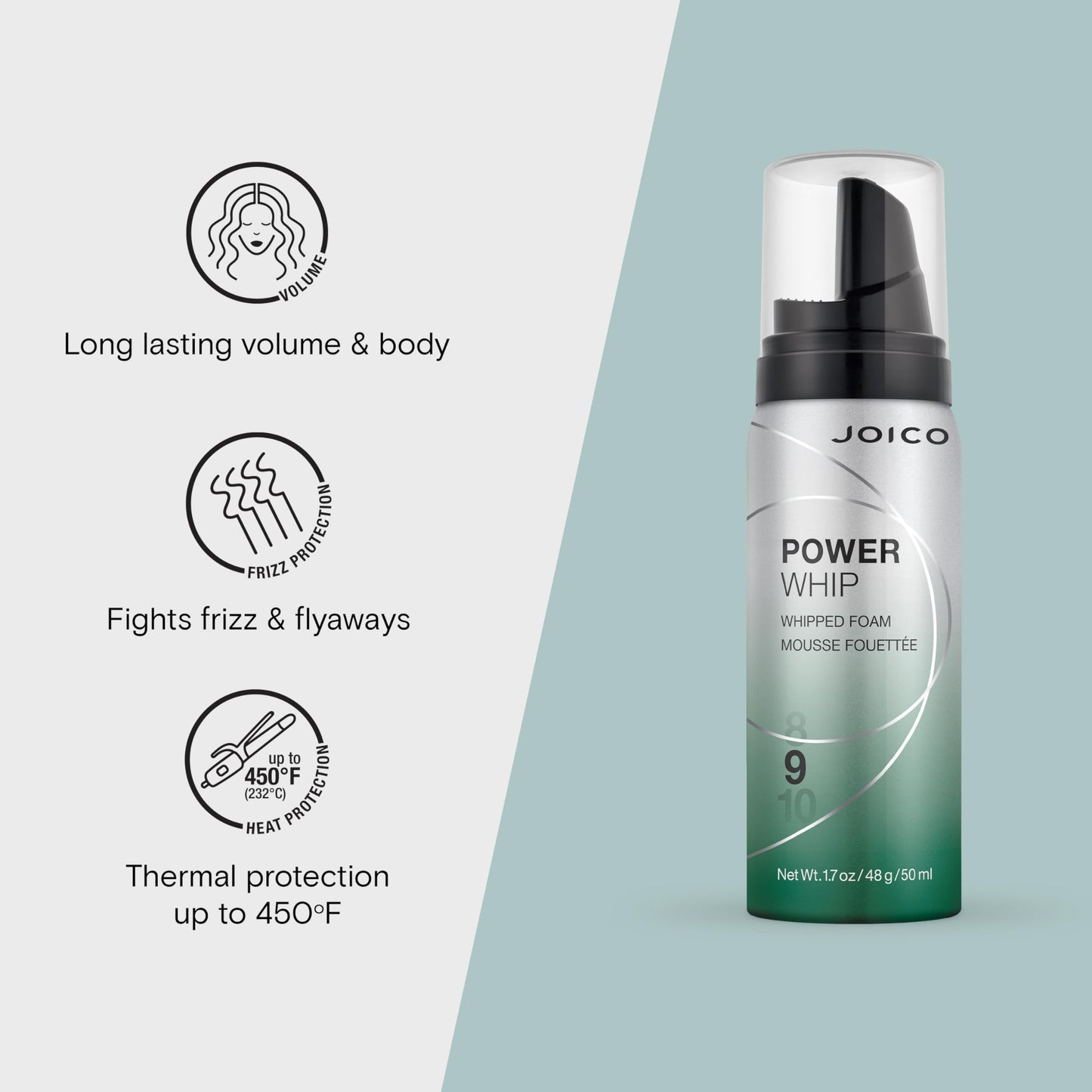 Joico Power Whip Whipped Foam | For Most Hair Types | Add Volume & Body | Thermal Heat, Humidity, & Pollution Protection | Boost Shine | Control Frizz