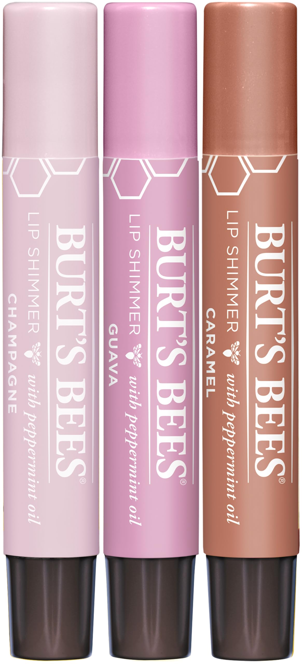 Burt's Bees Kissable Color Frosty Collection Lip Shimmer Gift Set, Champagne, Guava and Caramel Tinted Lip Shimmer, Natural Origin Lip Care, 3 Tubes
