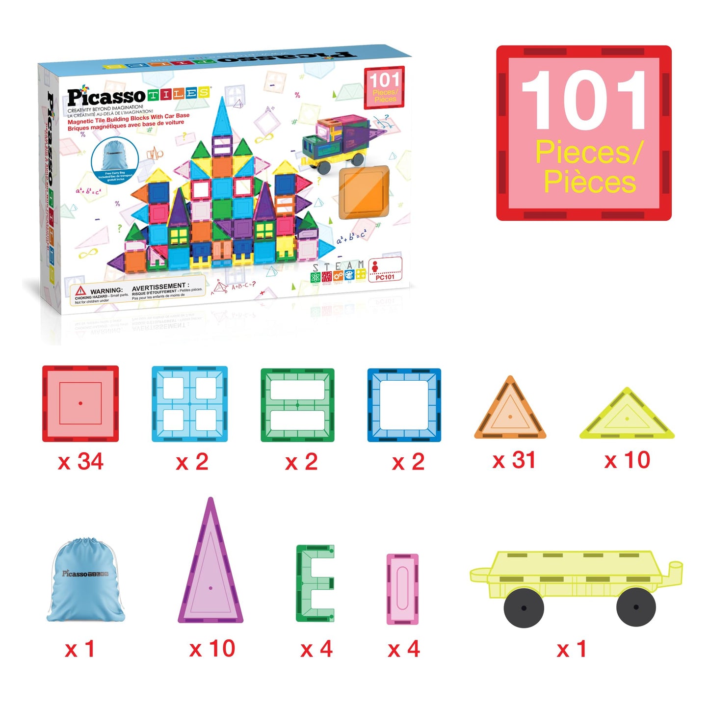 PicassoTiles 101pcs Magnetic Tiles with Car & Carry Bag – STEM Building Blocks Educational Toy Set for Kids Ages 3+ (PC101)