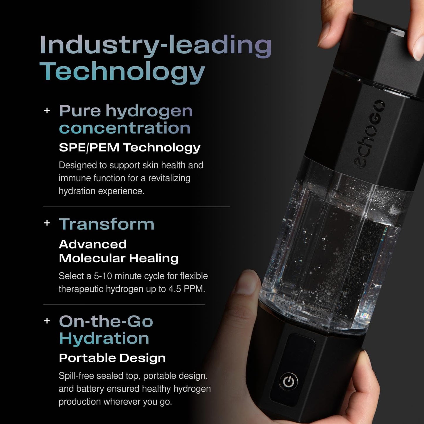 Echo Go+ Hydrogen Water Bottle - Hydrogen Infusion Technology - Rechargeable Water Bottle - SPE & PEM Purification - Active Hydration Support