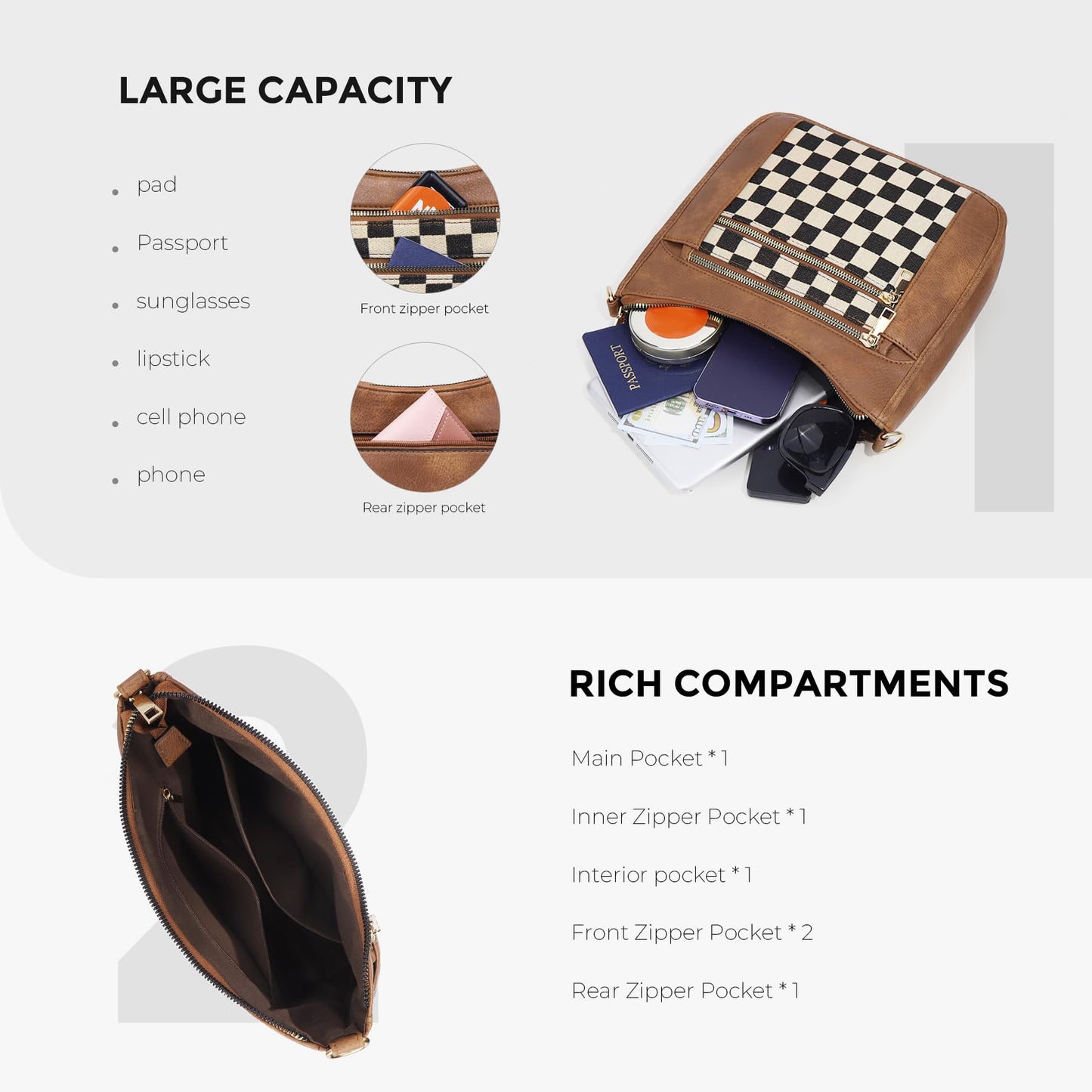 Duyijiff Checkered Crossbody Bags for Women Hobo Handbags Checkered Purse Trendy Crossbody Shoulder Purse (A01 Brown)