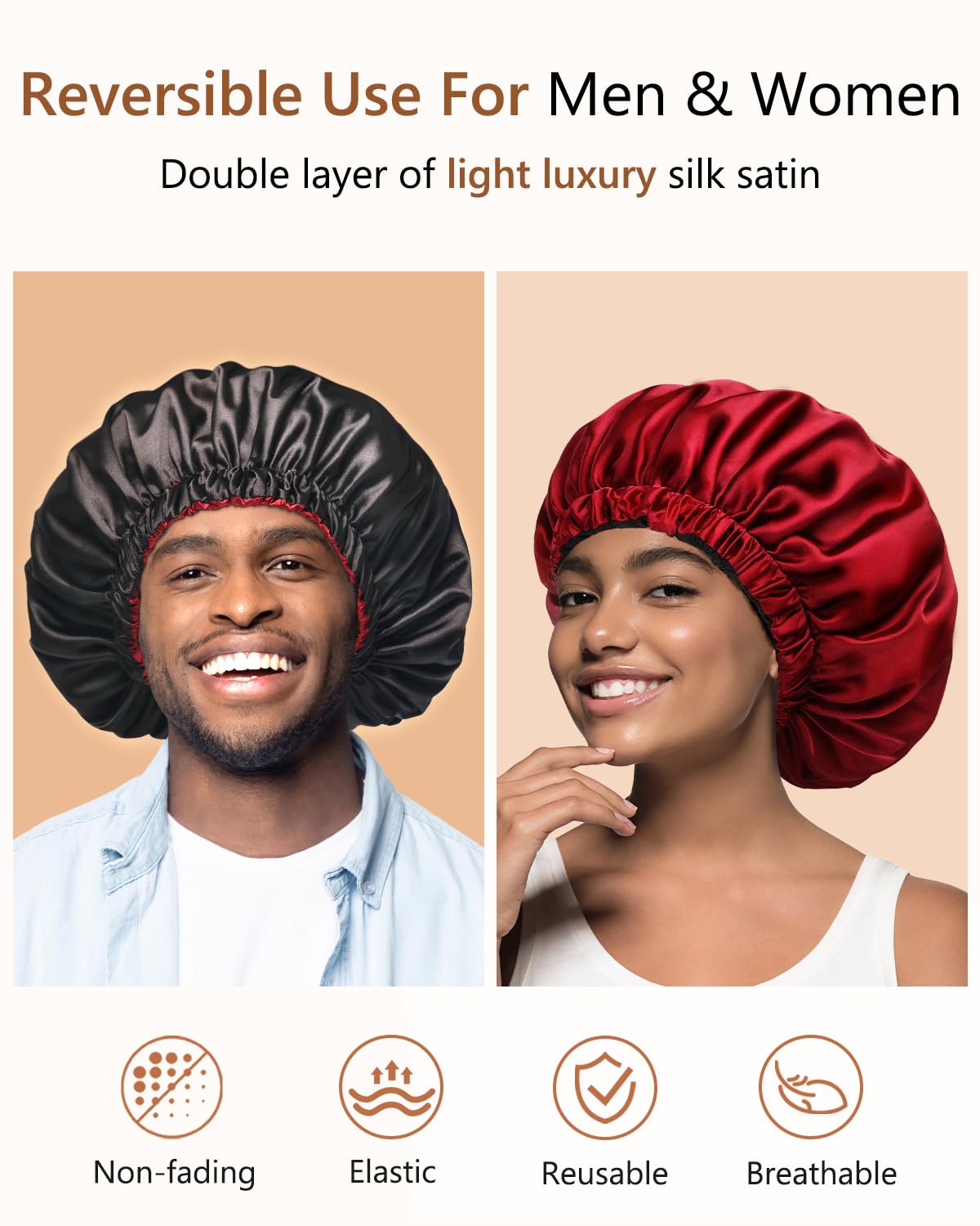 mikimini Satin Bonnet for Men and Women, Reversible Double Layer Sleeping Bonnet for Hair Braids with Anti-slip Adjustable Elastic Band Super Soft