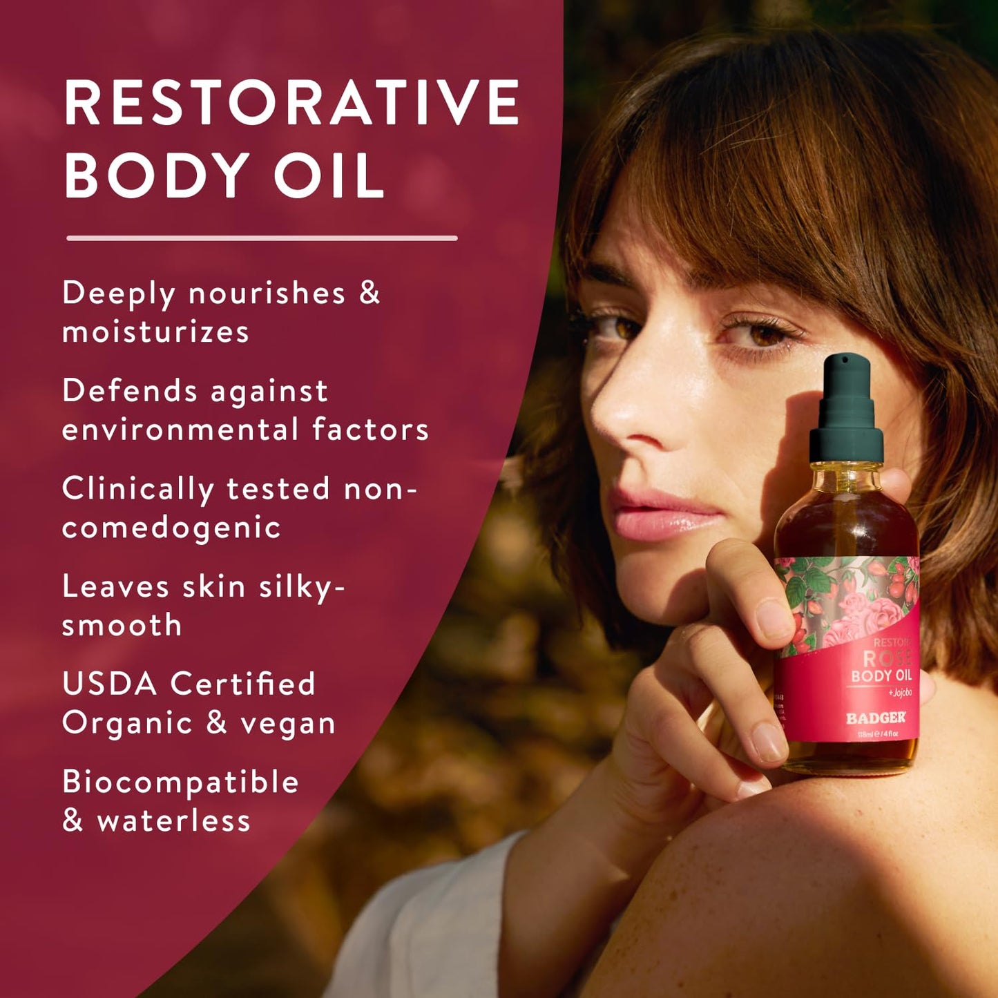 Badger Rose Body Oil, 100% Organic Rose Scented Body Oil, All Natural Body Moisturizer, Organic Jojoba & Rose Oils Soothe Dry Skin, 4 fl oz Glass