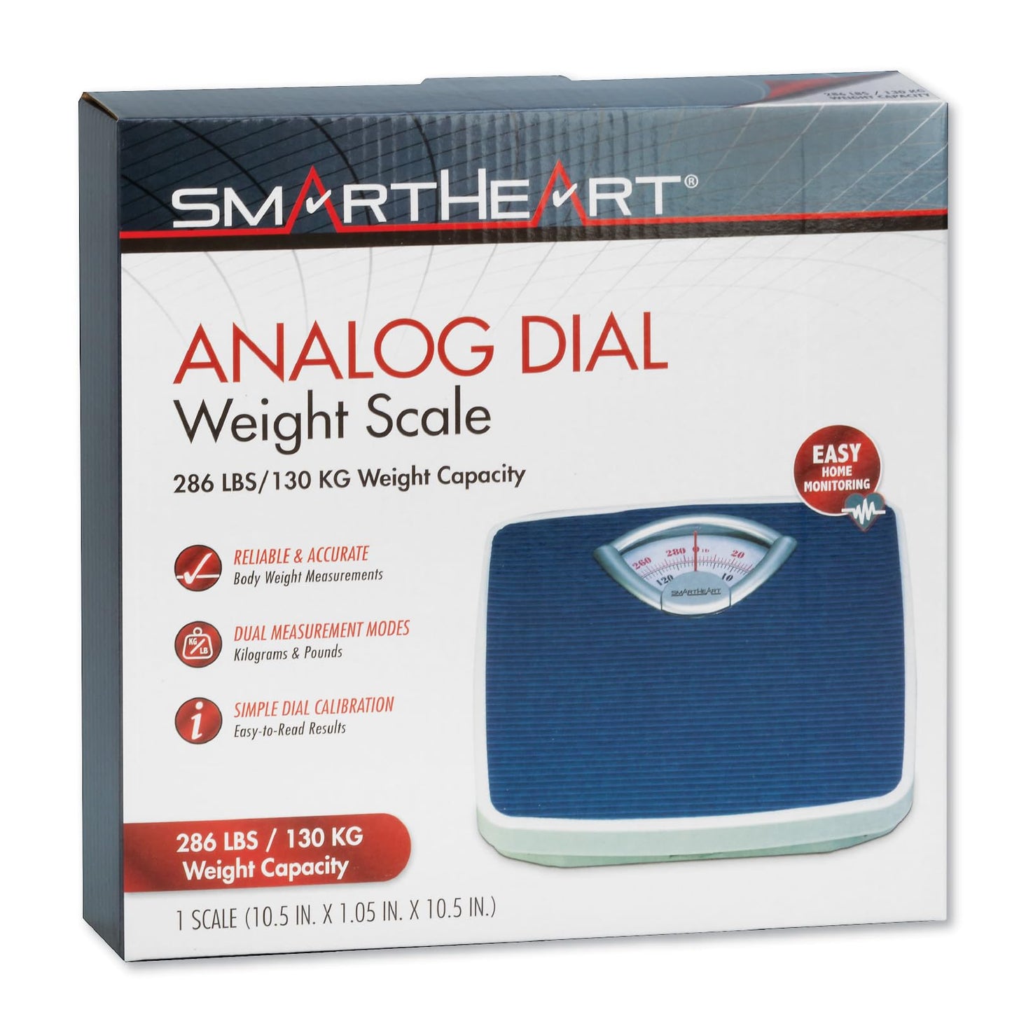 SmartHeart Analog Body Weight Scale | Mechanical Scale | 286 lbs / 130 kg Capacity | Non-Skid Platform | Easy Dial Calibration | No Batteries Needed