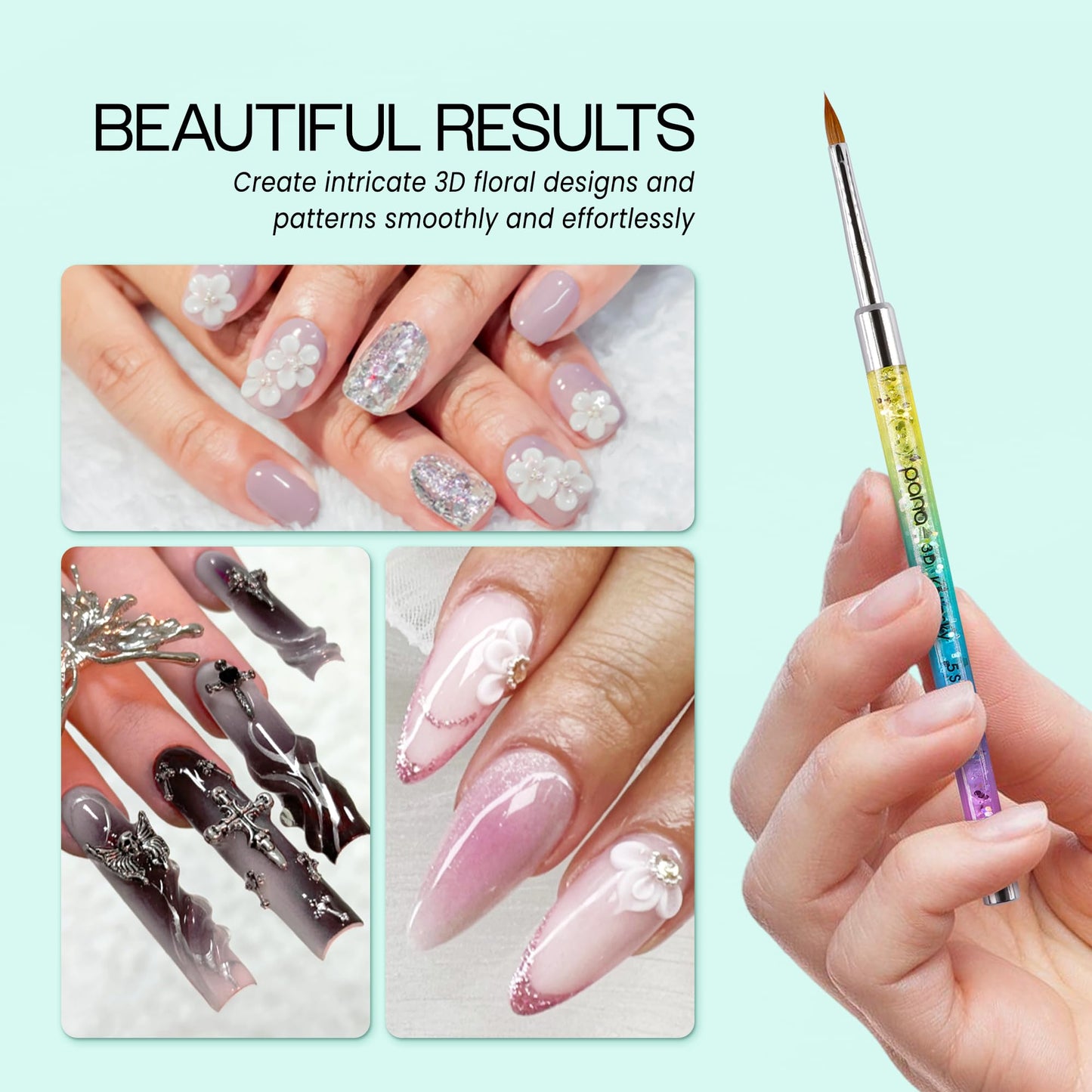 PANA Kolinsky 3D Acrylic Nail Brushes with Liquid Glitter Handle - For Professional Acrylic Powder Liquid Manicure Pedicure (Rainbow Color, Size #5)