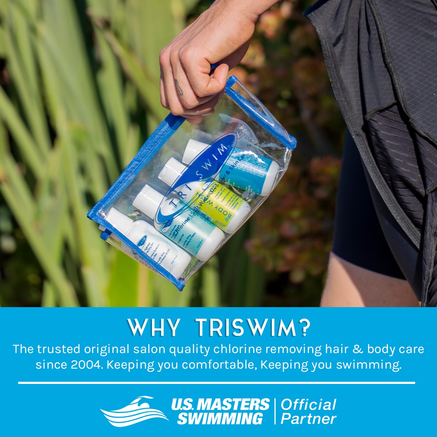 TRISWIM Shot Set in Travel Bag | 2oz Travel Size Chlorine Removal Shampoo, Swimmer’s Conditioner, Swim Body Wash and Lotion | Removes Chlorine