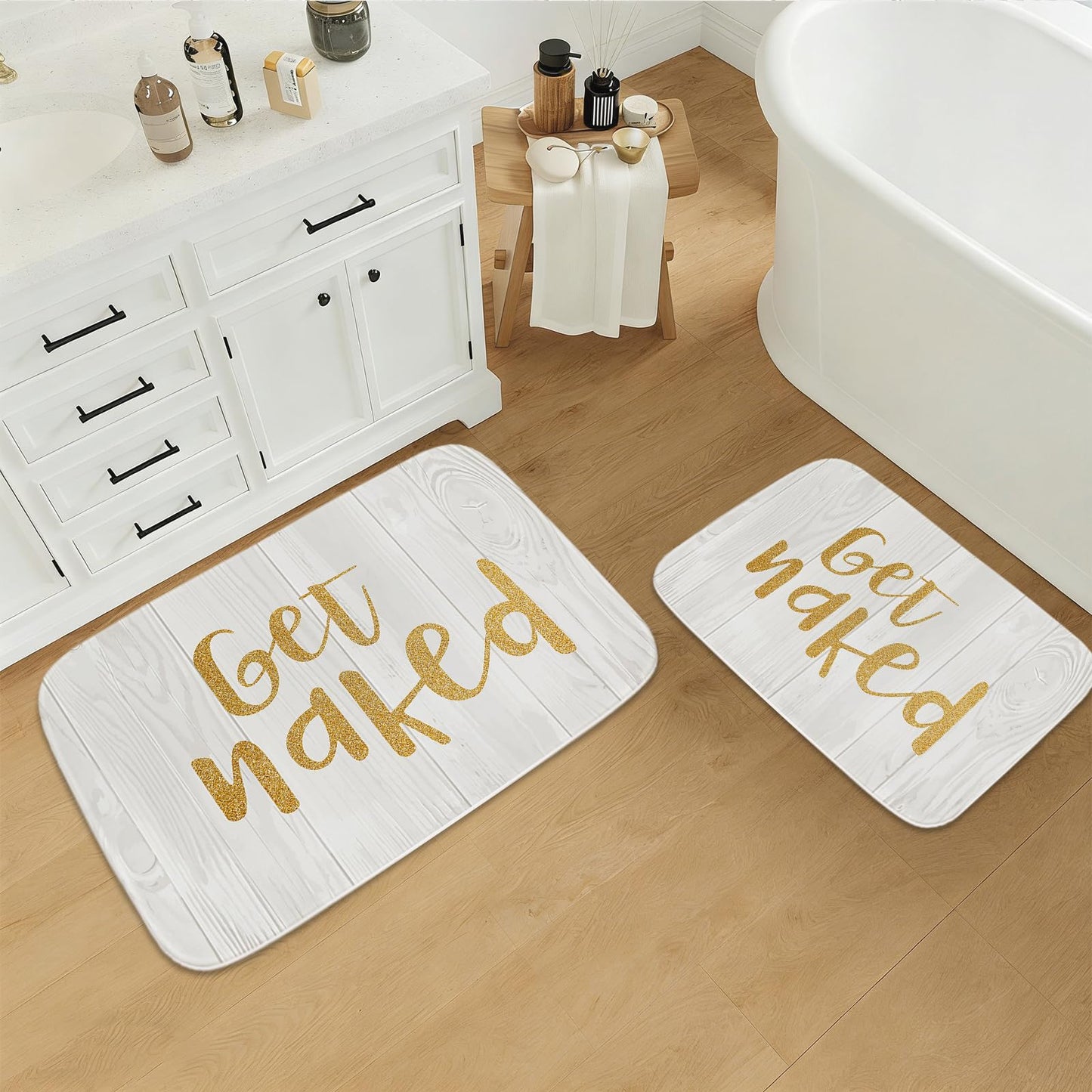 Gold Get Naked Gold and White Bathroom Bathtubs Coral Velvet Bath Rugs Non Slip Shower Mat Door Rug Decor Sets Flannel Absorbent Kitchen Rug Floor…