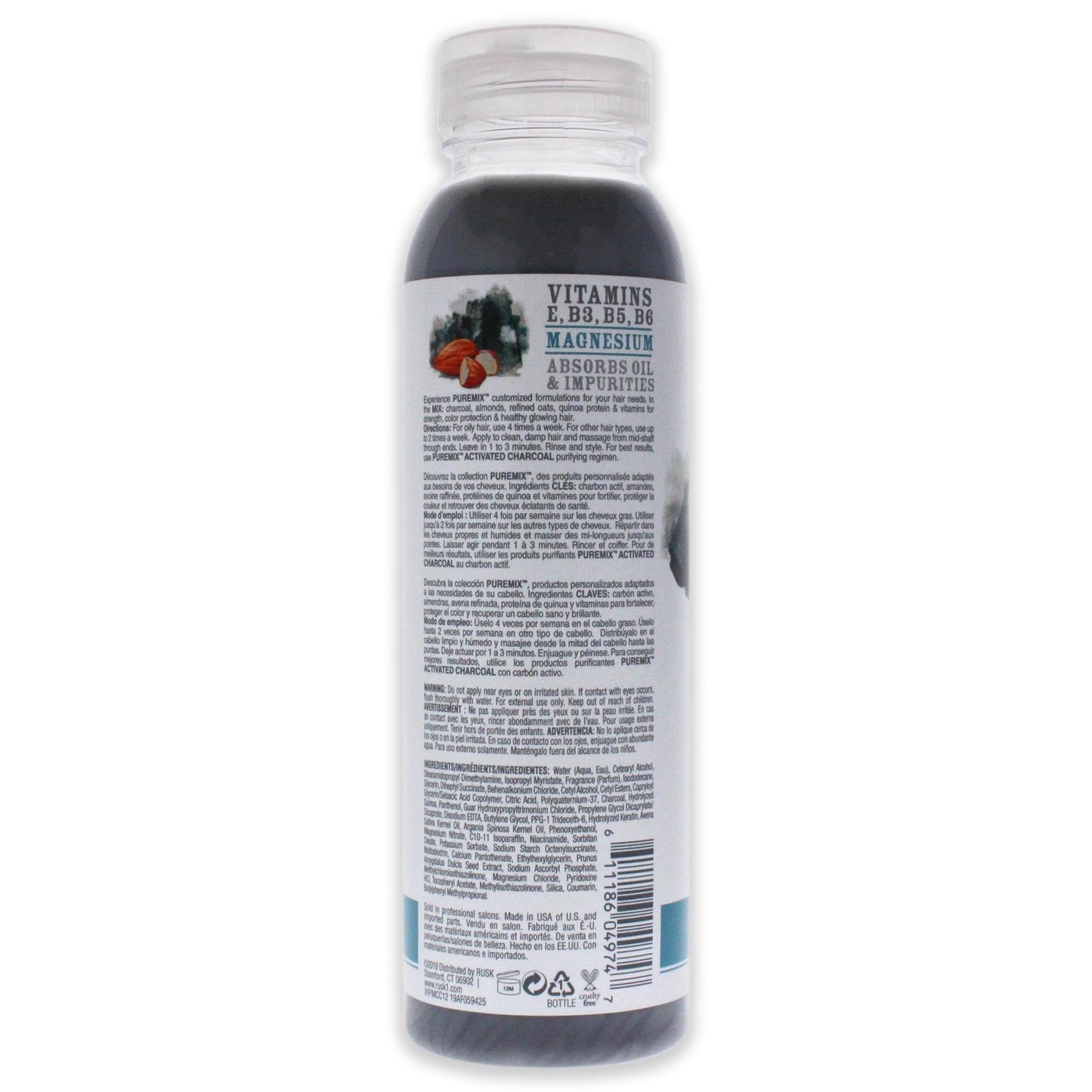 RUSK Puremix Activated Charcoal Purifying Conditioner, Cleanses and Absorbs Excess Oil, Dirt, and Gunk Without Stripping Natural Oils, 12 oz