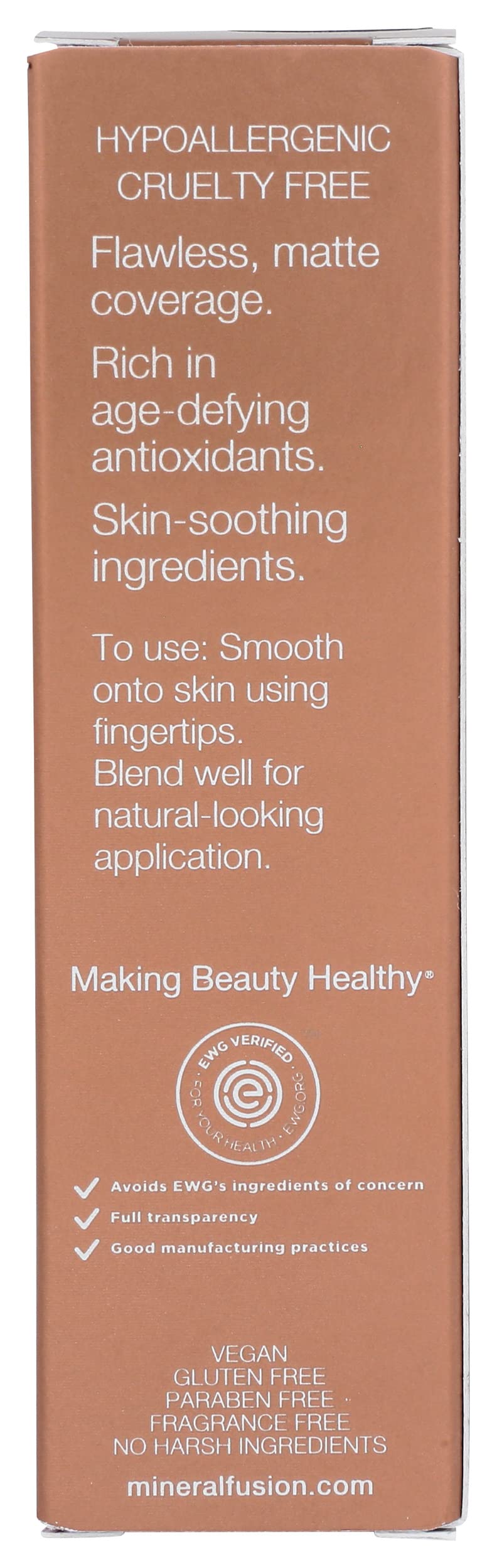 Mineral Fusion Full Coverage Foundation, Liquid Foundation - Deep 4- Deep Complexion w/Golden Undertones, Lightweight Matte Finish, Up to 12 Hr Hydration, Hypoallergenic & Vegan, 1 fl. oz